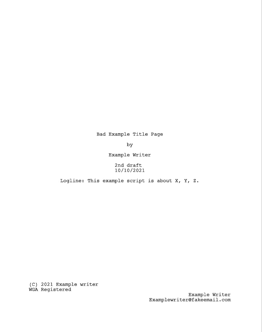 An example of how not to format a title page for a traditional screenplay