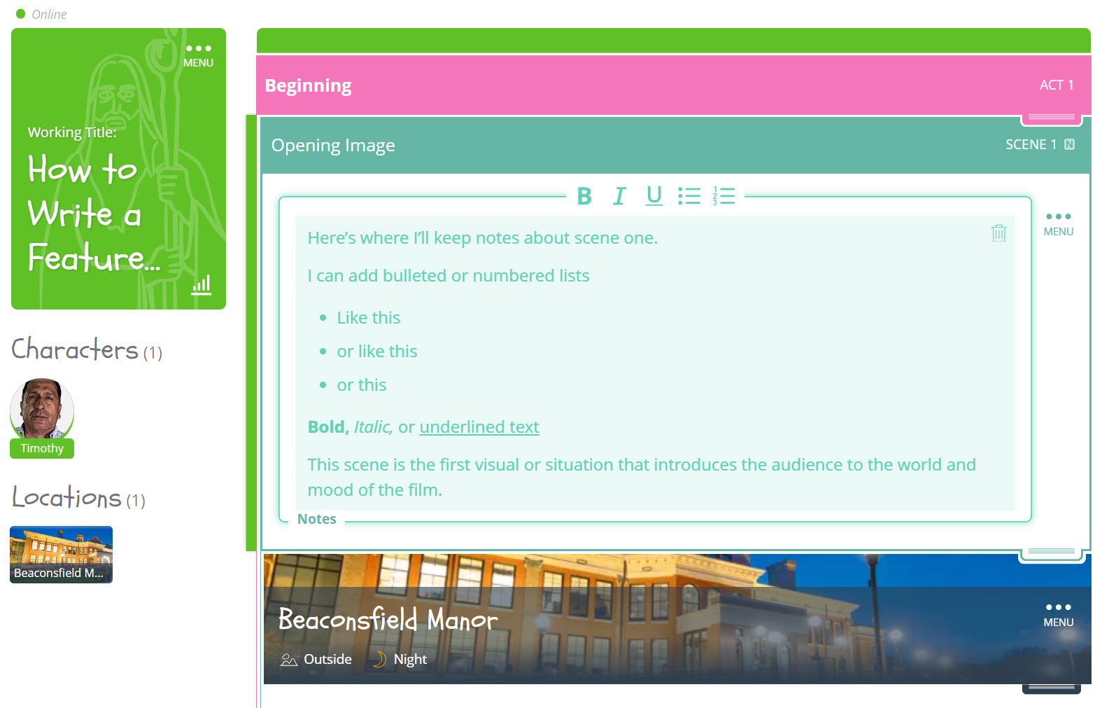 మీడియా సారాంశం SoCreateలో సీన్ శీర్షికలో గమనికలు ఎలా చేర్చాలో చూపిస్తుంది