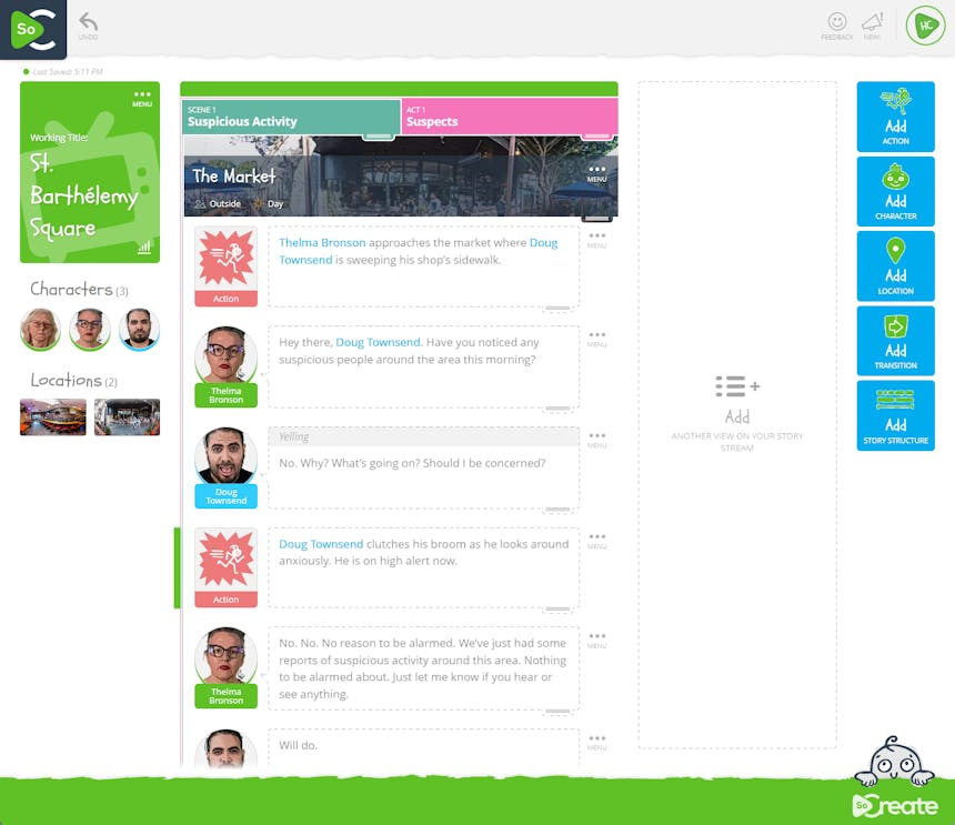 The SoCreate Story Stream shows dialogue between two people within a scene.