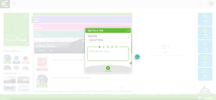 Ein Screenshot, der zeigt, wie die Story-Zusammenfassung in der SoCreate Screenwriting-Software bearbeitet wird.