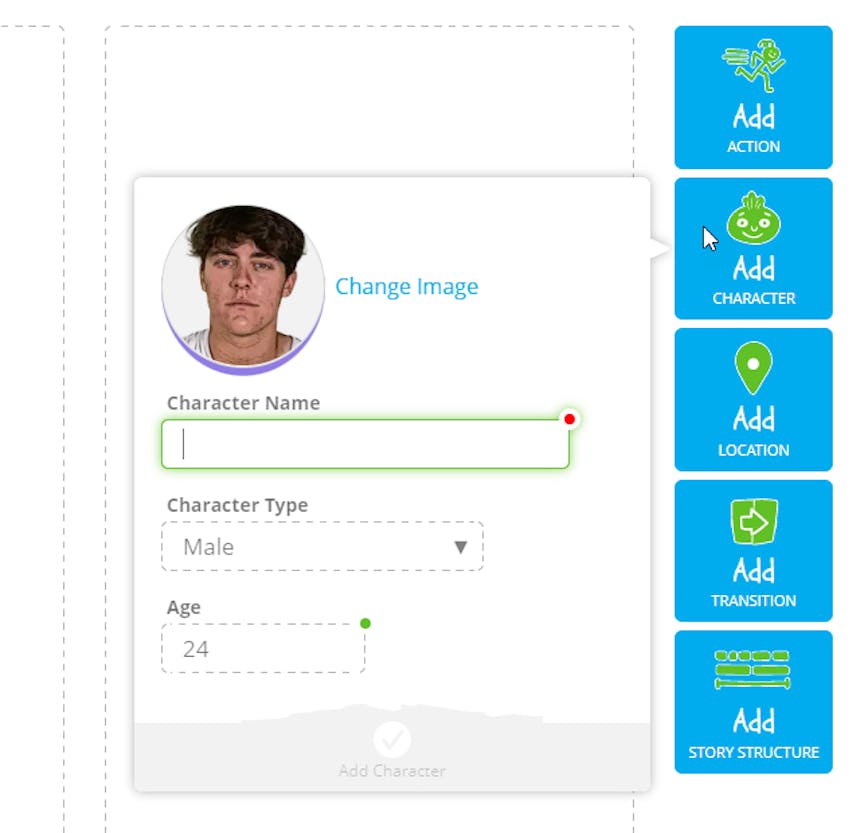 A screen capture shows how to create a new character from the Tools Toolbar in SoCreate