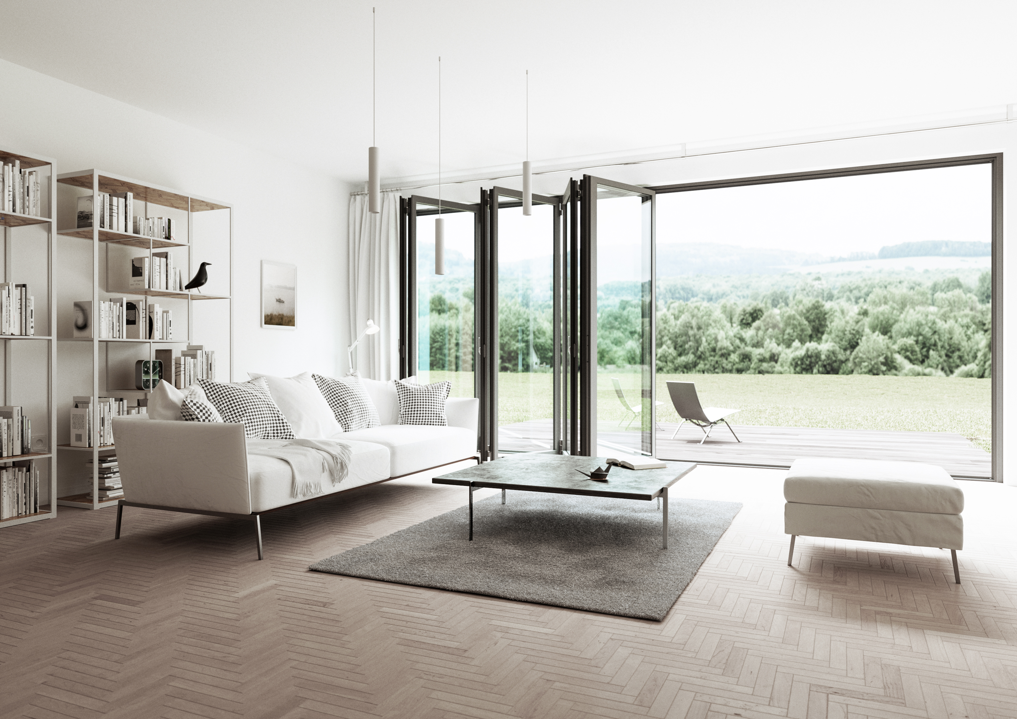 white sofa in beige living room with bifold doors and country views