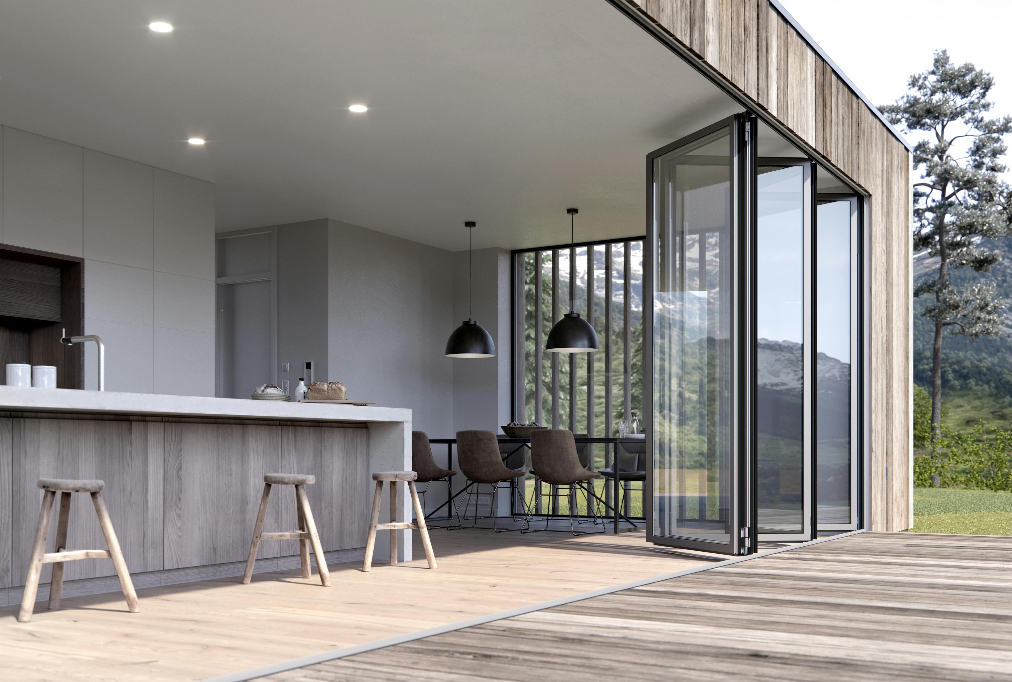 Large bifolding doors and wooden kitchen interior