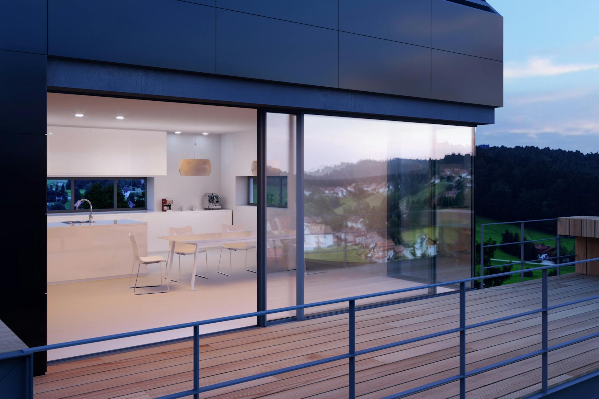Sliding glass doors on illuminated home at night
