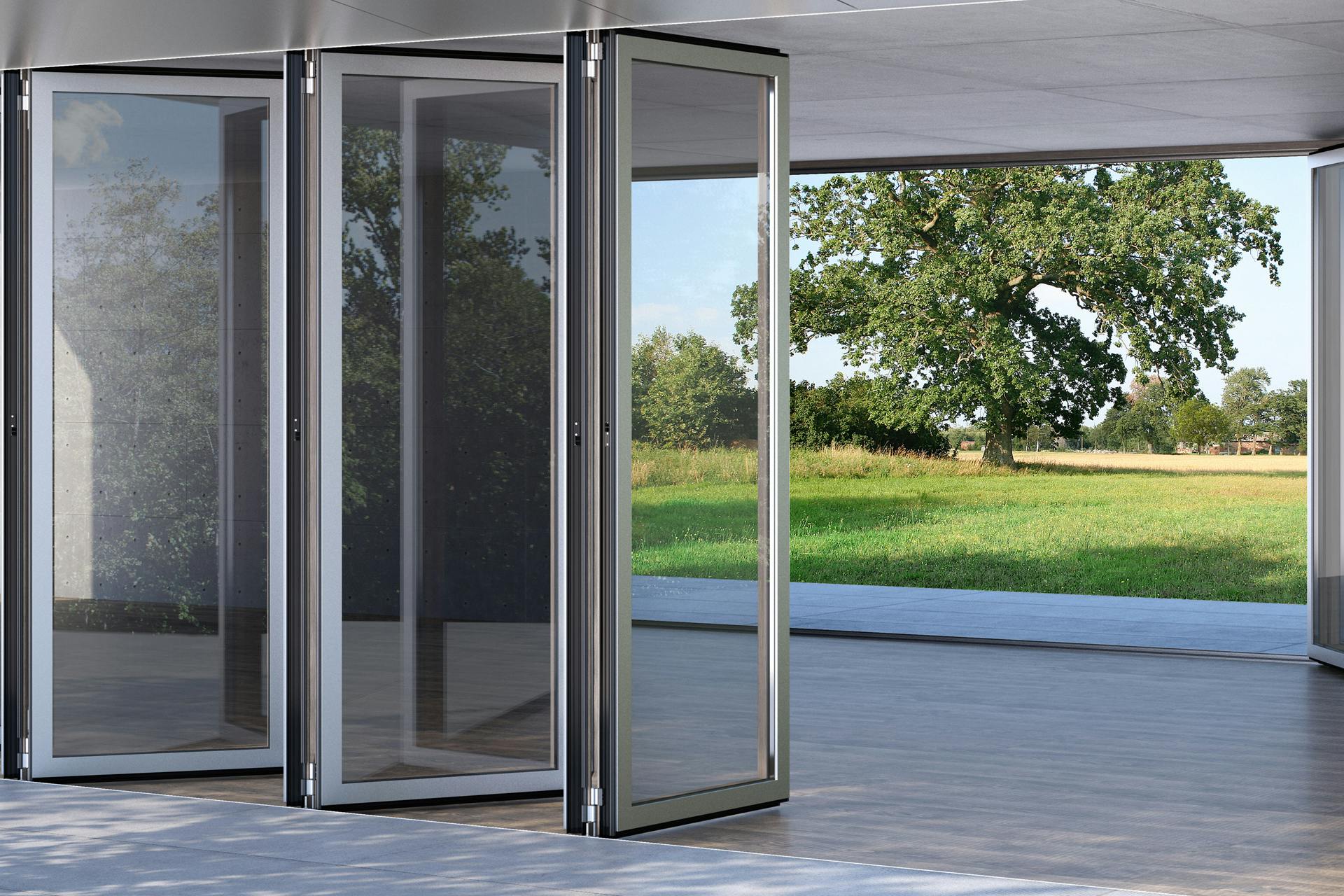 Bifolding doors opened on two opposite walls to allow view right through a building