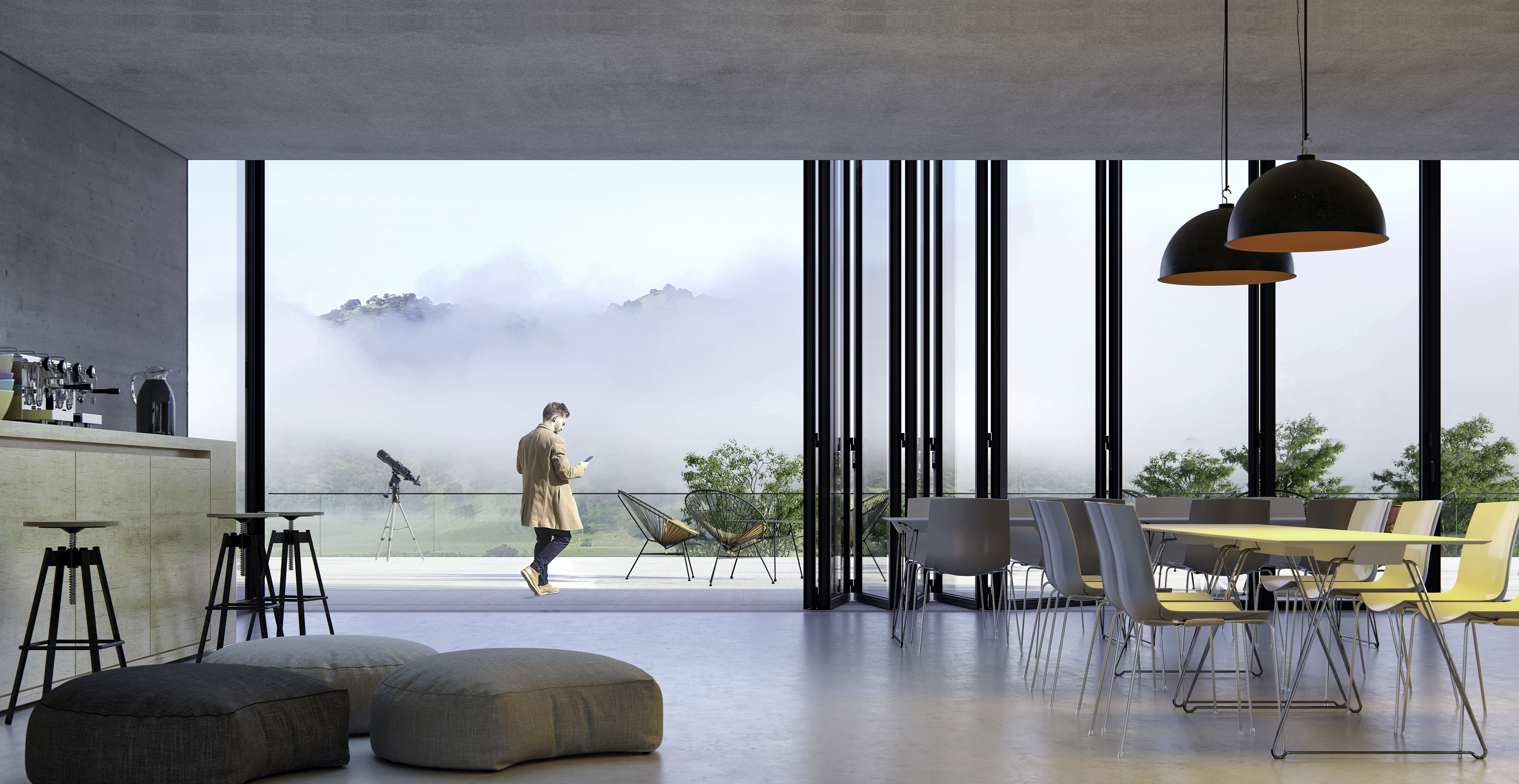 Man walking through bifolding doors with mist outside