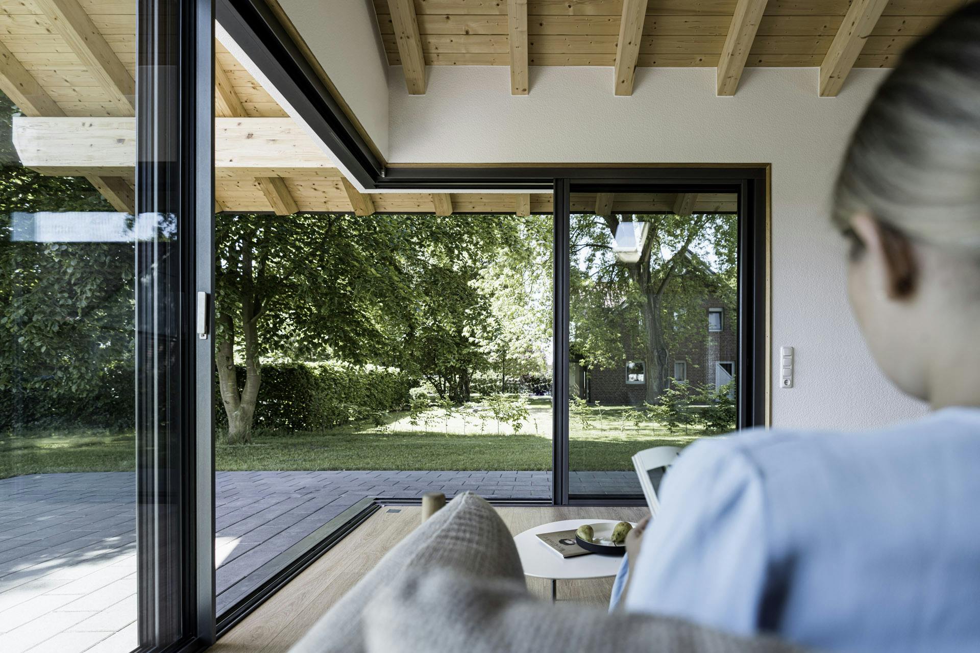interior of corner glass doors with cantilever roof