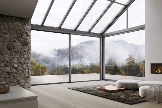 glass home extension on modern living room