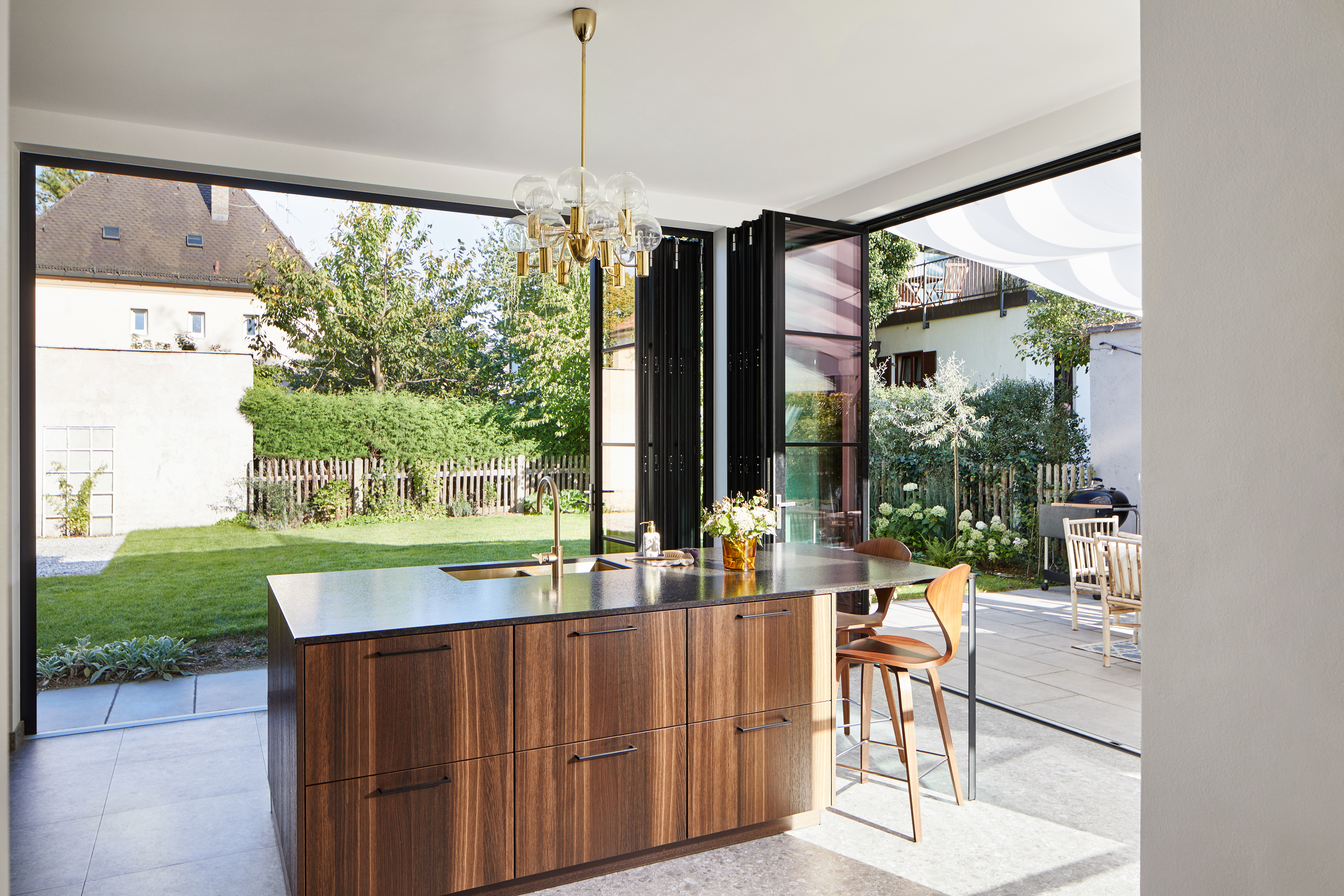 wooden kitchen and bifolding doors