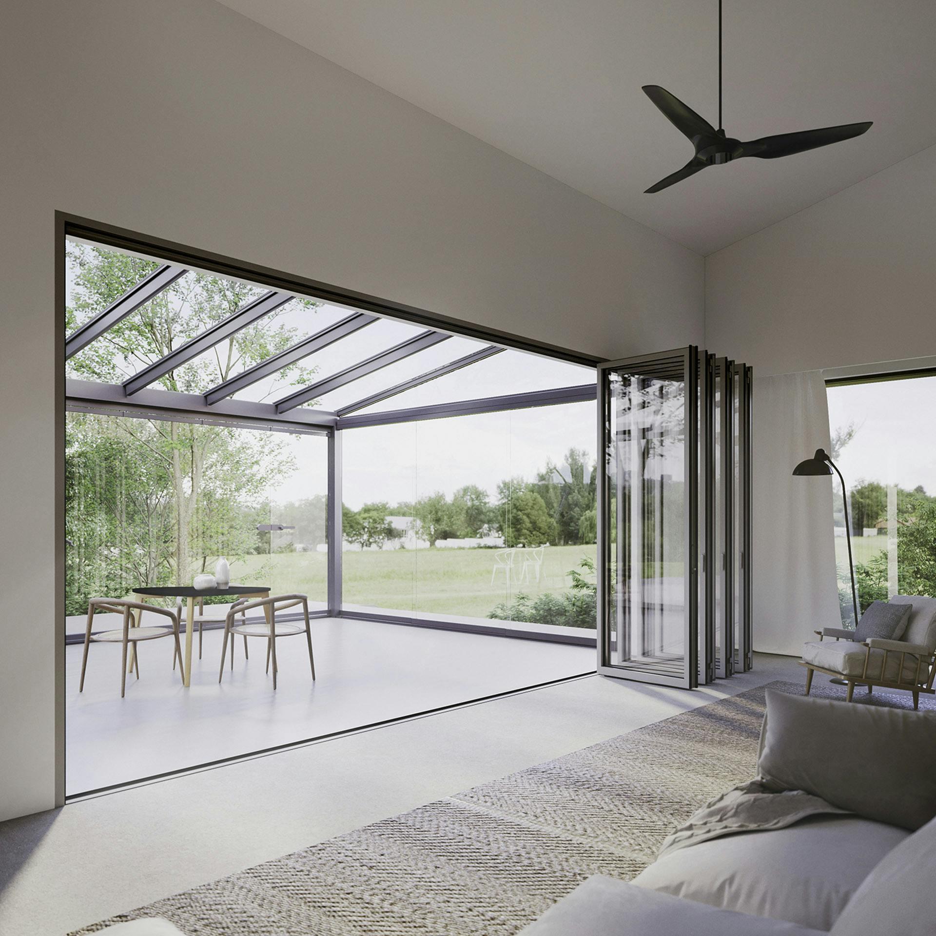 contemporary living area with glass room and glass canopy attached