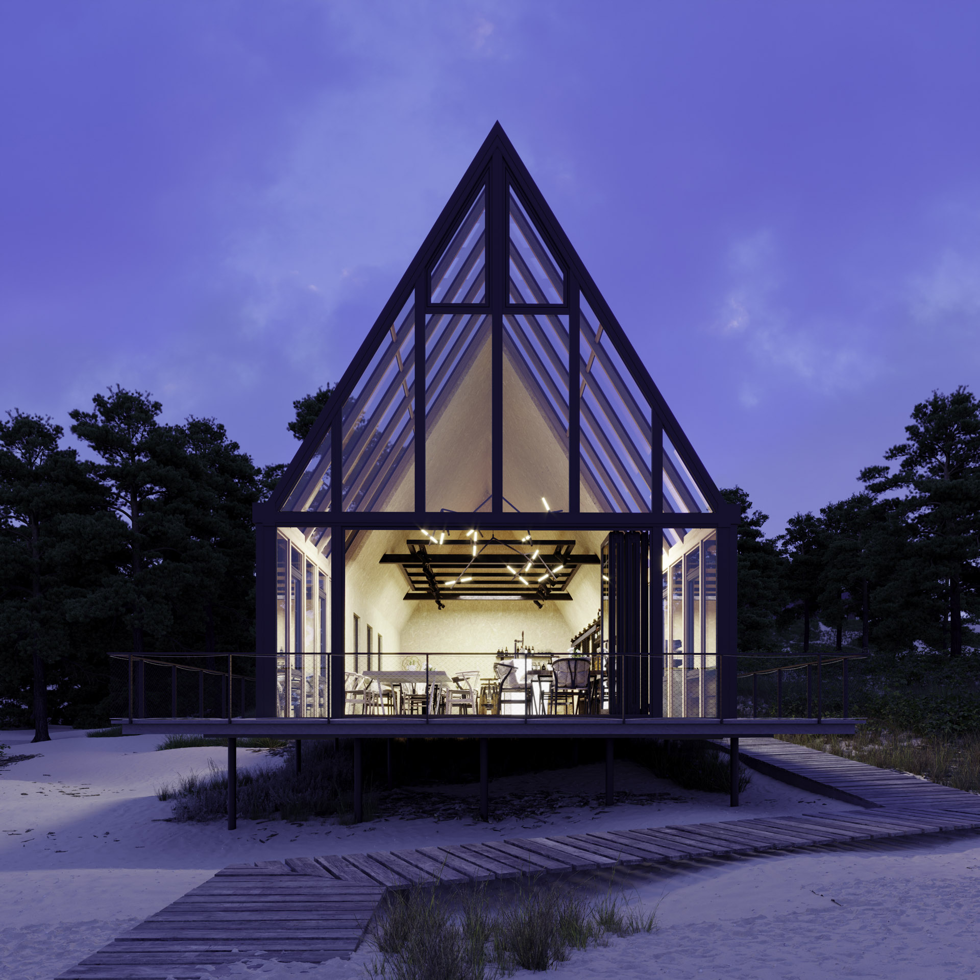 Dusk image of glass extension on modern beach front property