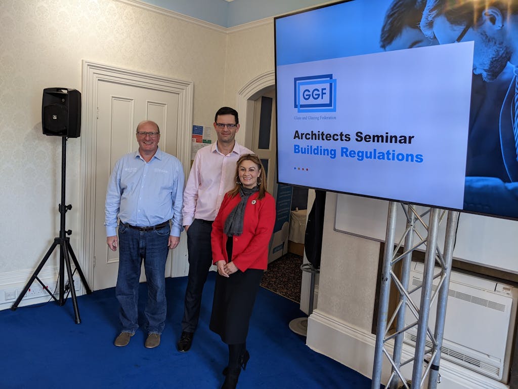 May 2023: Solarlux by Reveal's director David Weaver, left, with Kevin Jones and Ann-Marie Waugh of the GGF