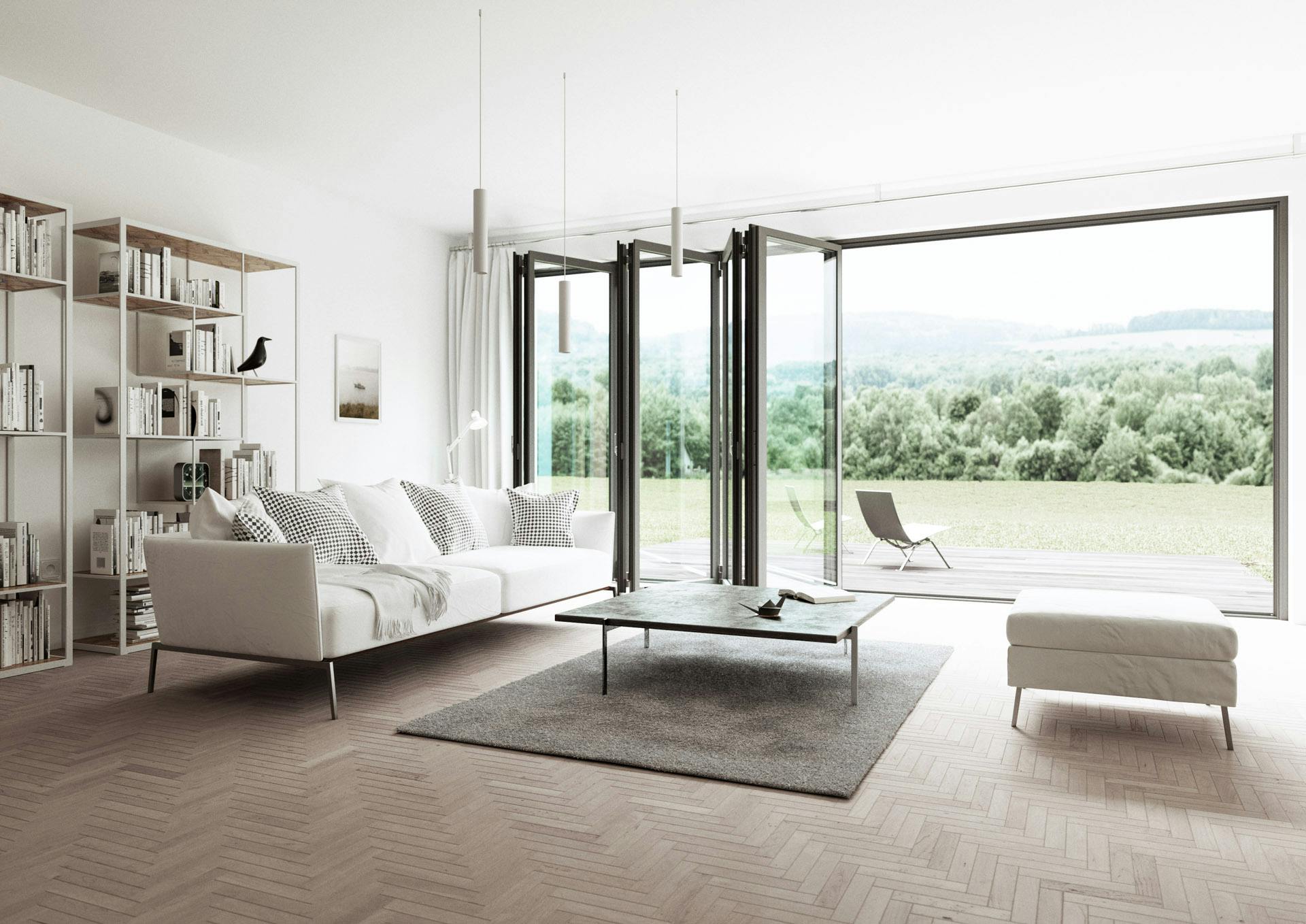 A living area with bi-fold doors opening into a garden
