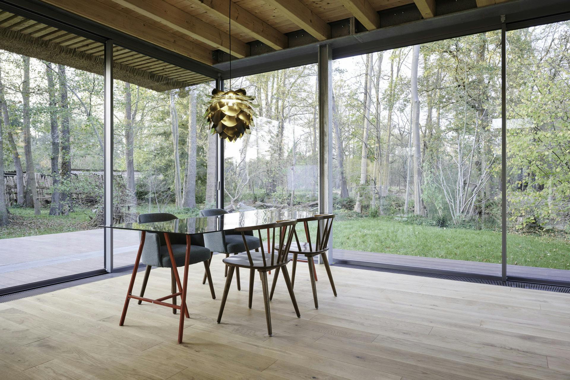 Large sliding doors with views towards woodland for biophilic architectural design