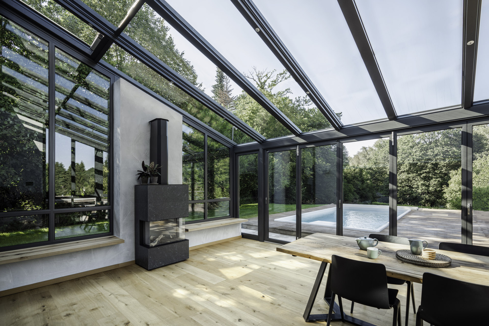 glass extension with log burner