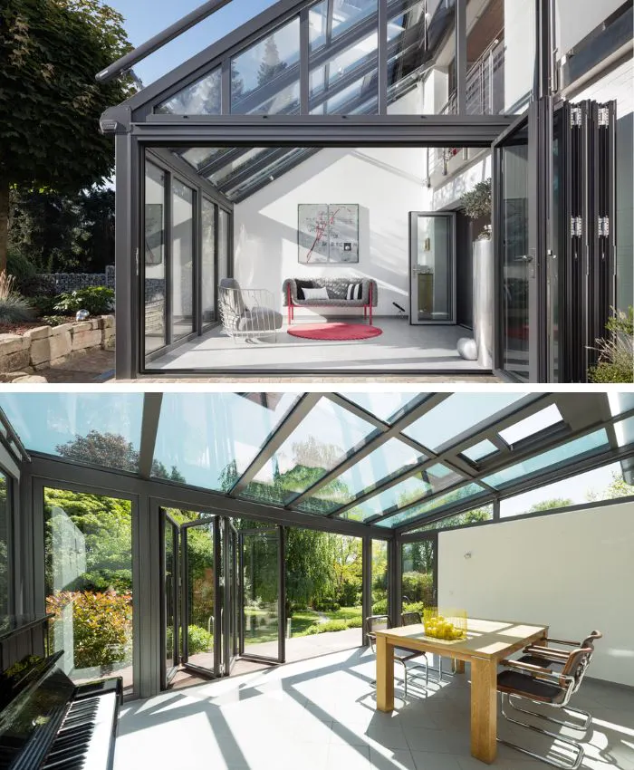 glass extension with walls on one or more sides
