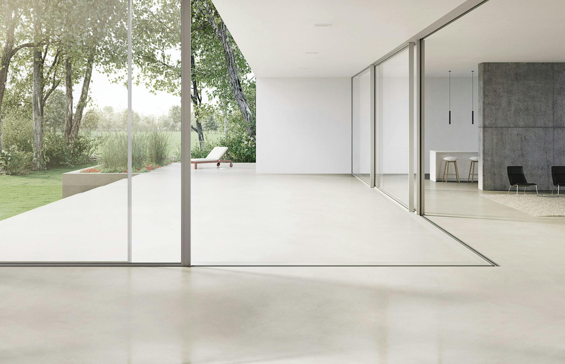 modern white minimalist home with floor to ceiling glazing