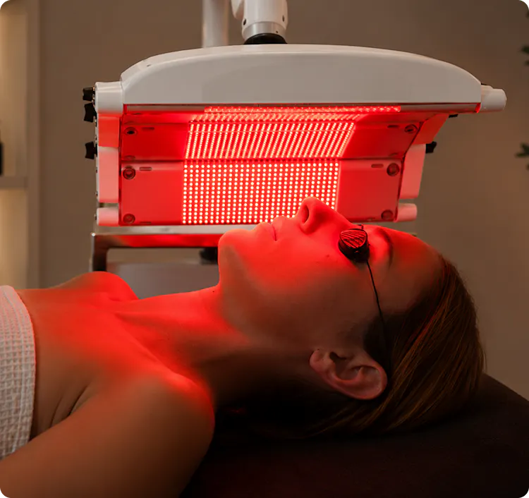 A lady laying with her face under infrared light