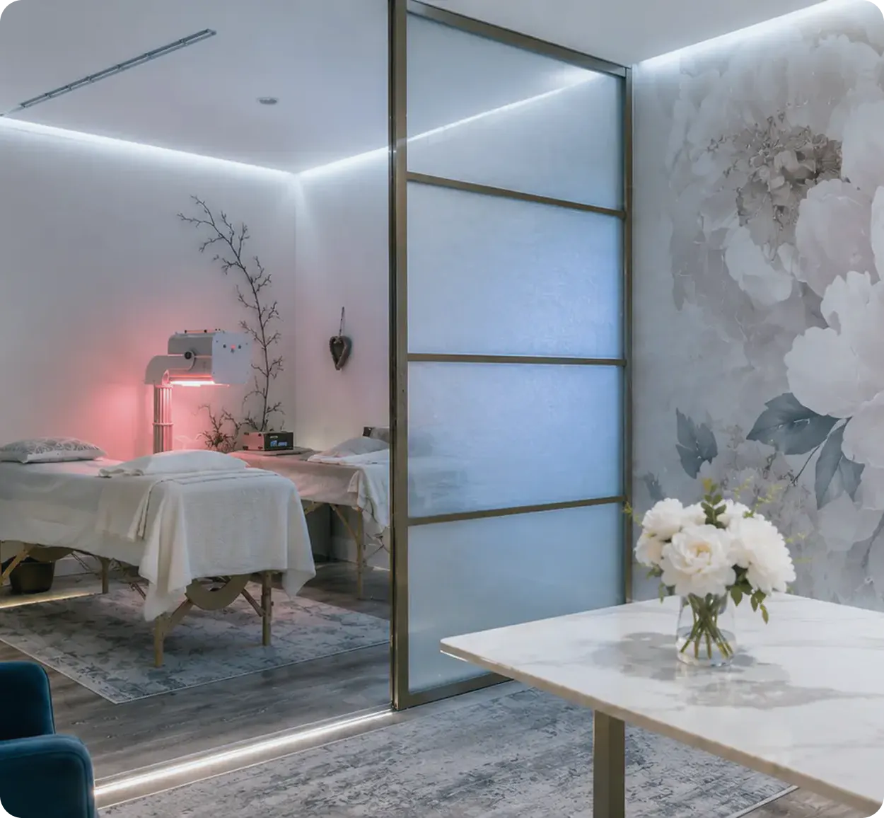 a spa room with a bed