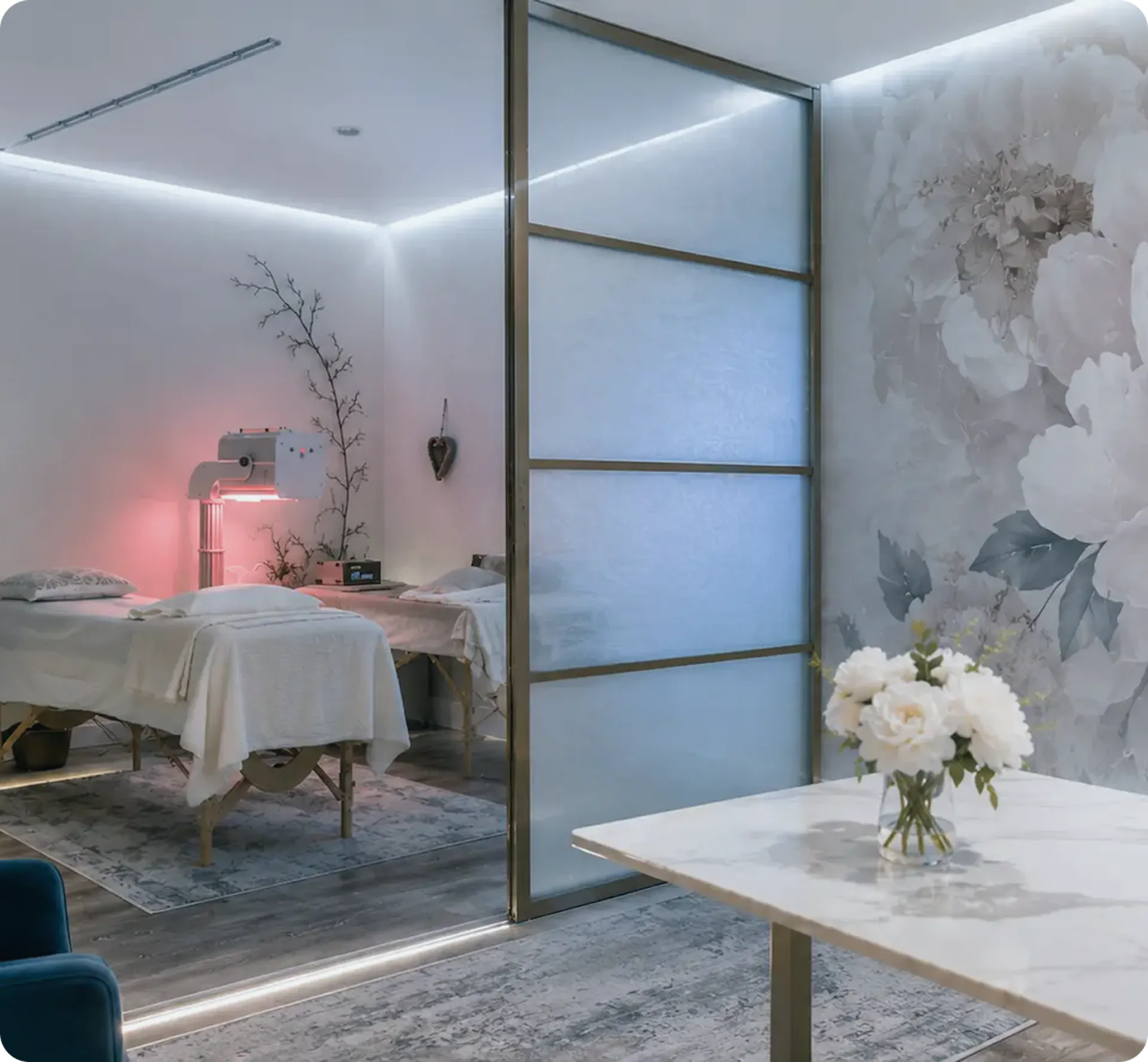 a spa room with a bed