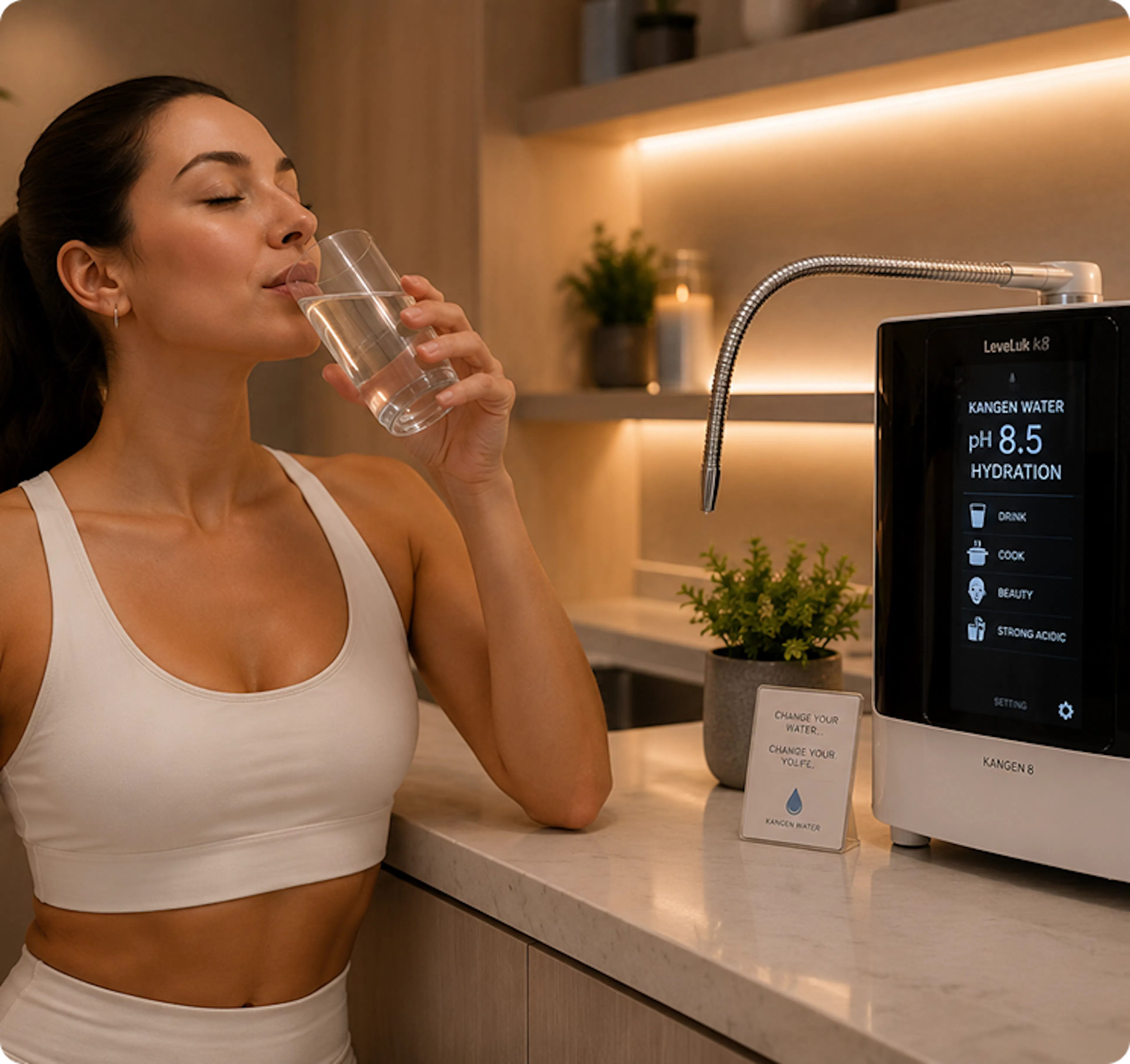 A lady drinking a glass of water
