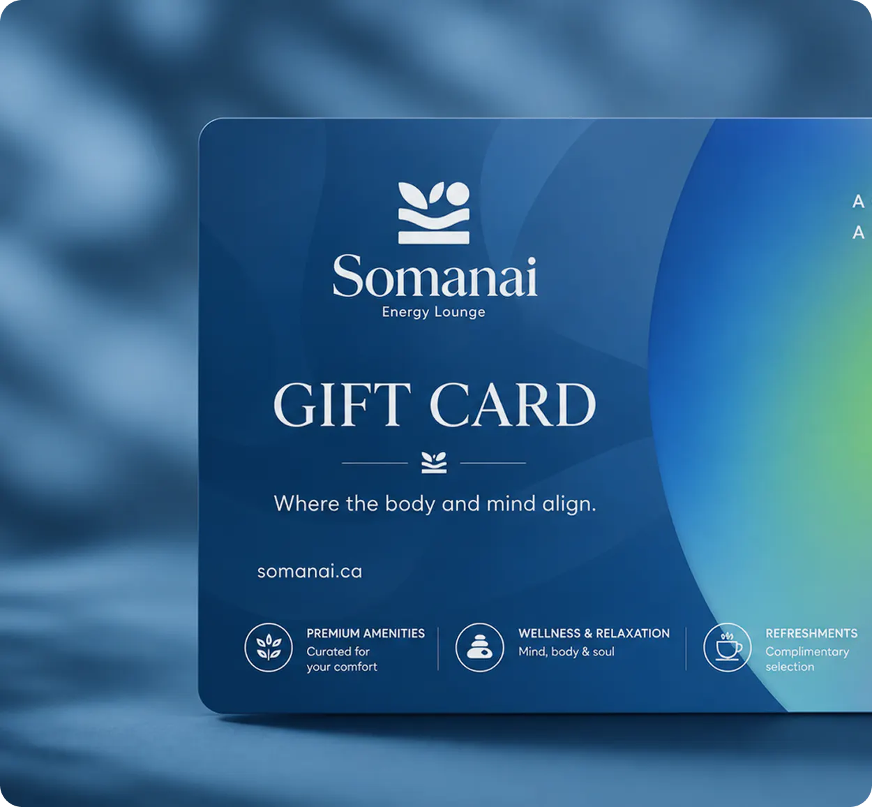 A gift card mockup with Somanai brand name