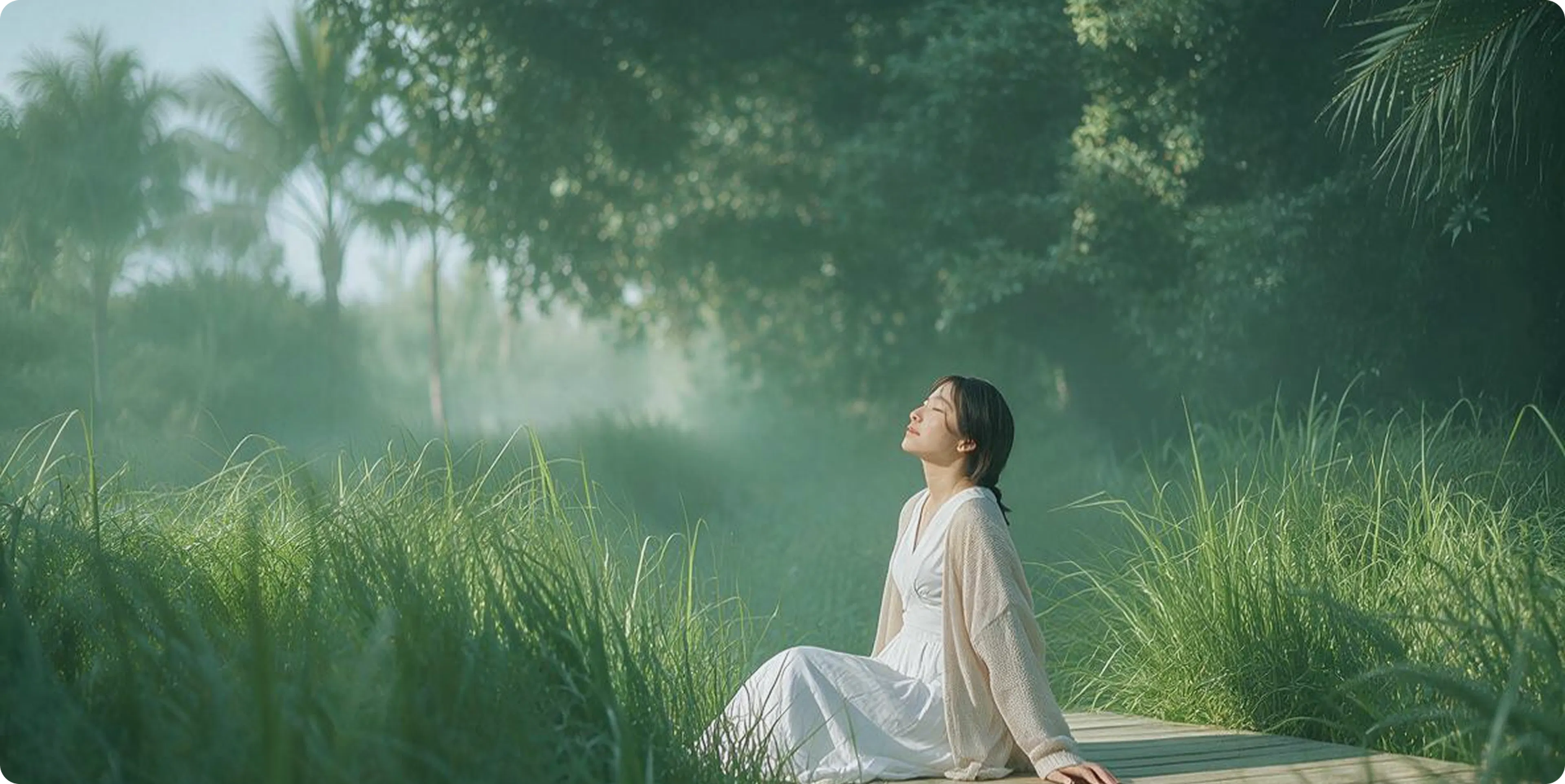 woman sitting in a field with her eyes closed