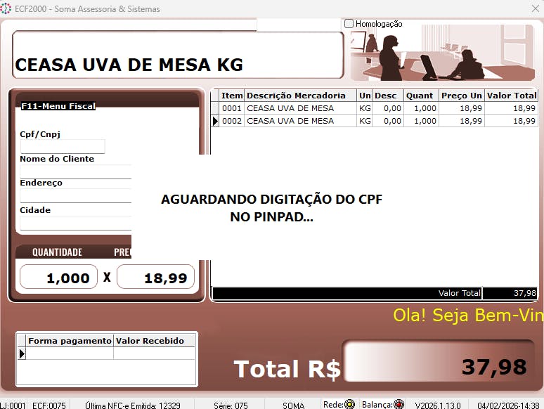 Mensagem que aparece no PDV ao pedir a digitação do cpf no pinpad.