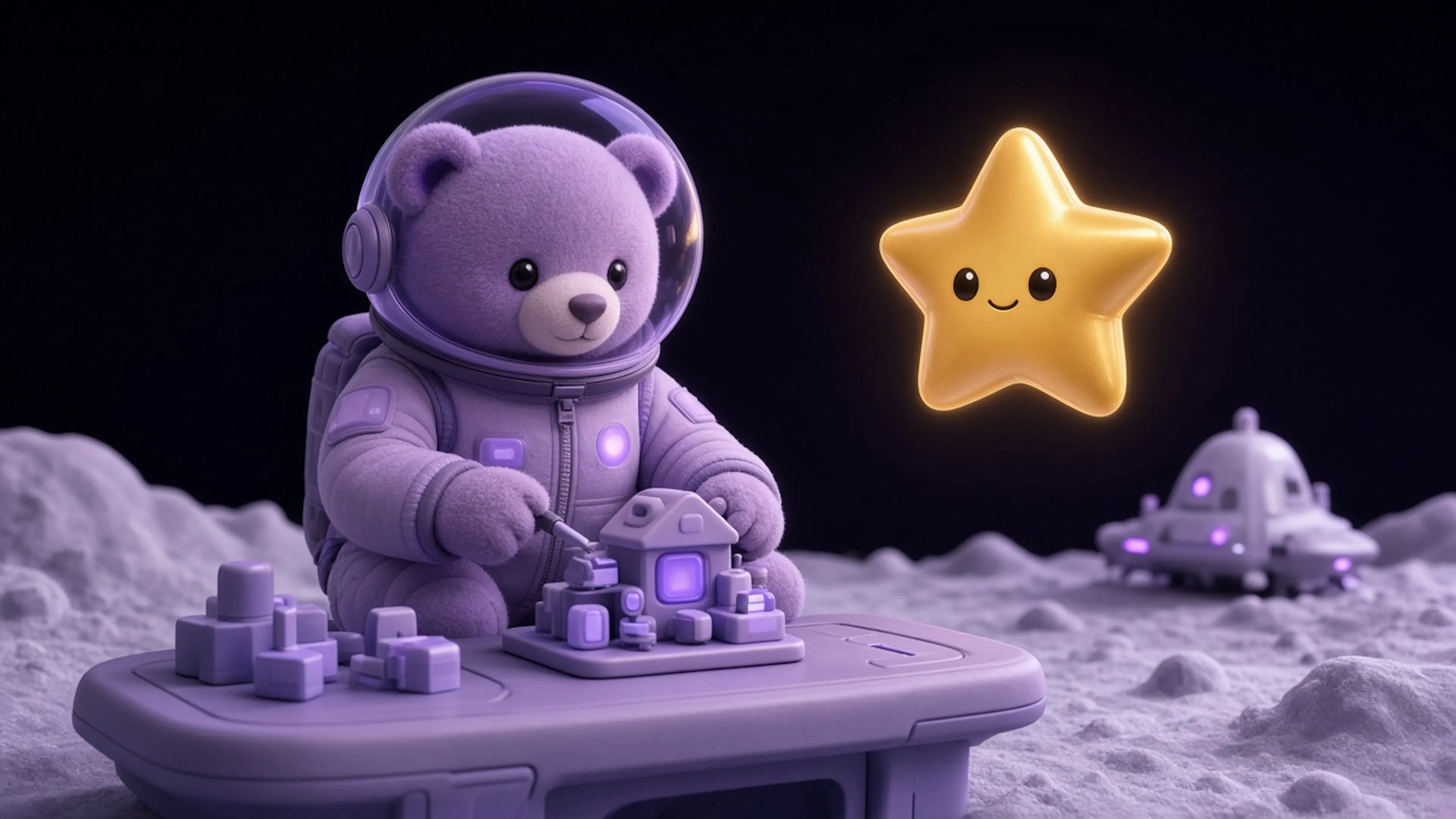 Oso astronauta SGD construyendo un panel hogareño junto a una estrella dorada