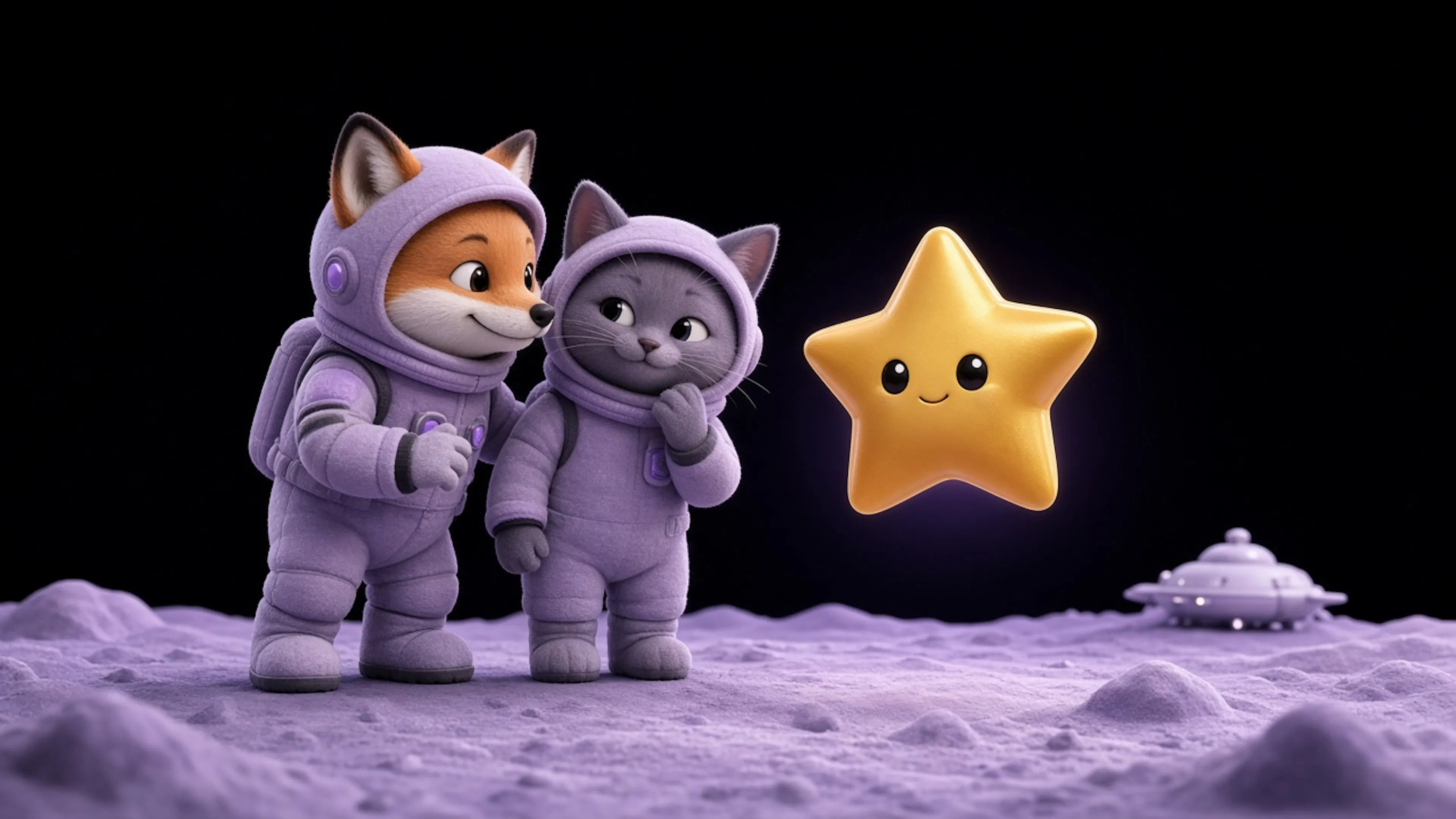 SGD fox and cat astronauts coordinating beside a golden star