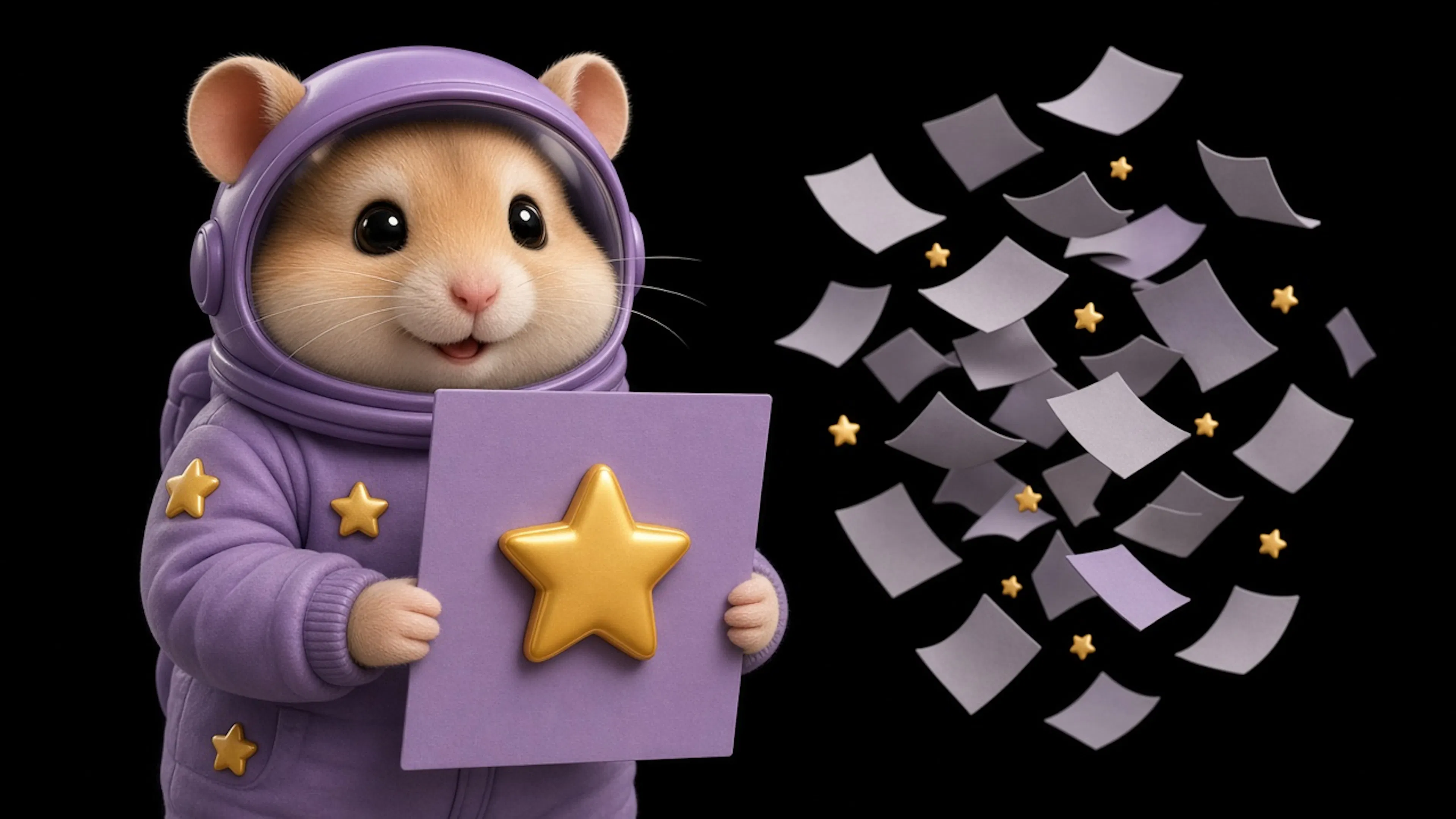 SGD hamster astronaut showing one page with a golden star while blank papers drift away