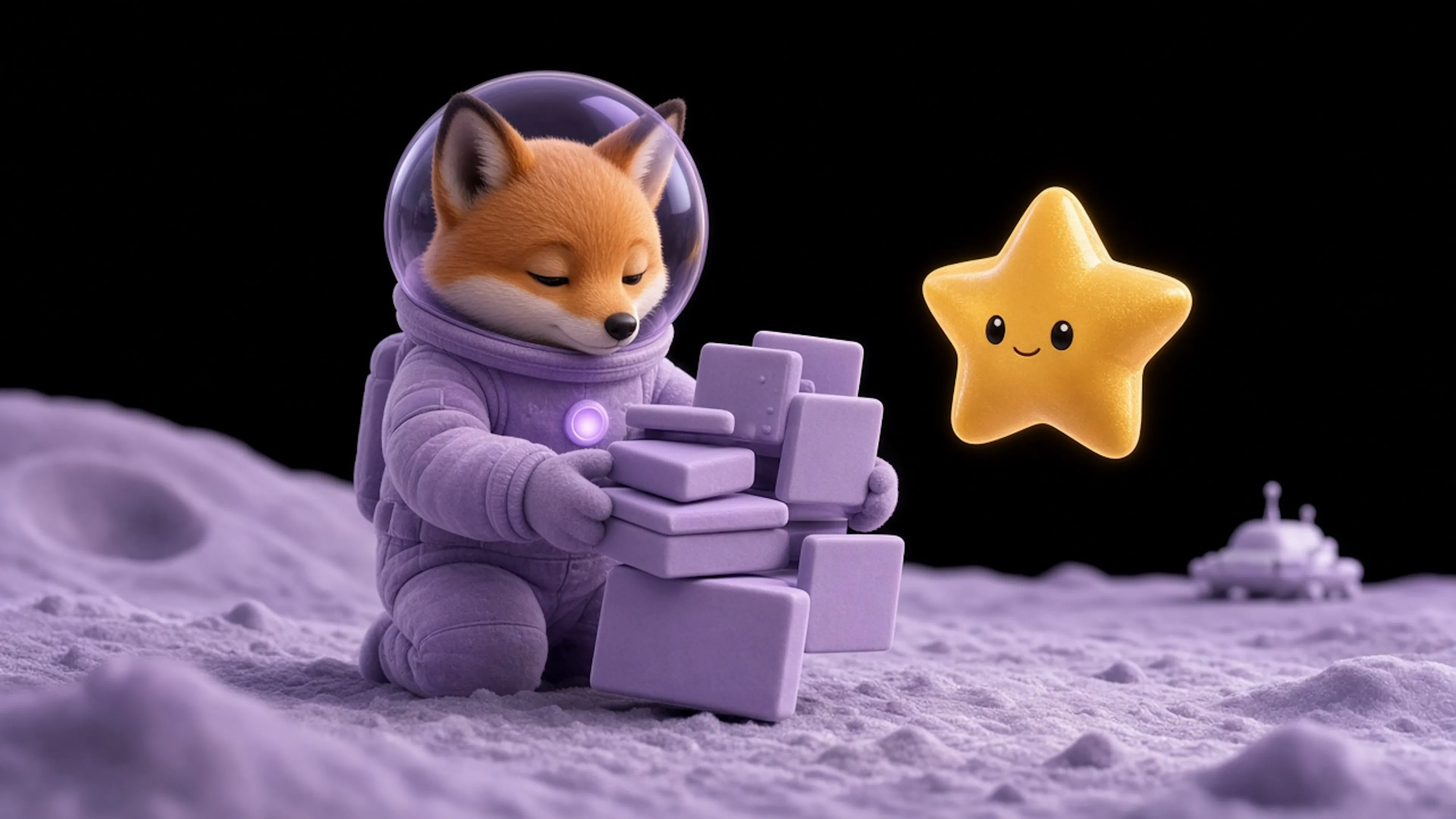 SGD fox astronaut stacking content blocks beside a golden star