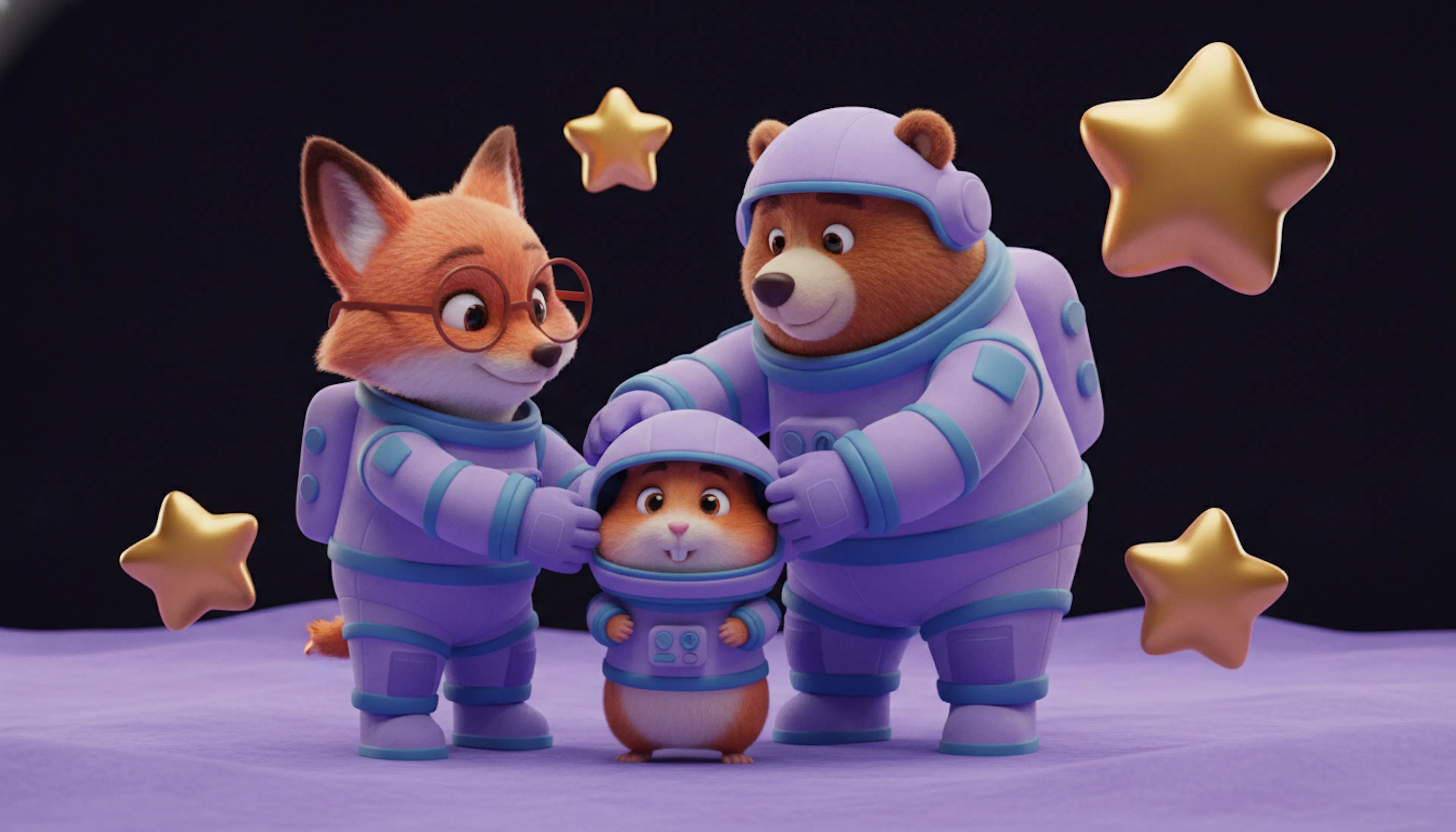 Tripulación SGD (zorro y oso astronautas) colaborando: metáfora de elegir plataforma ecommerce