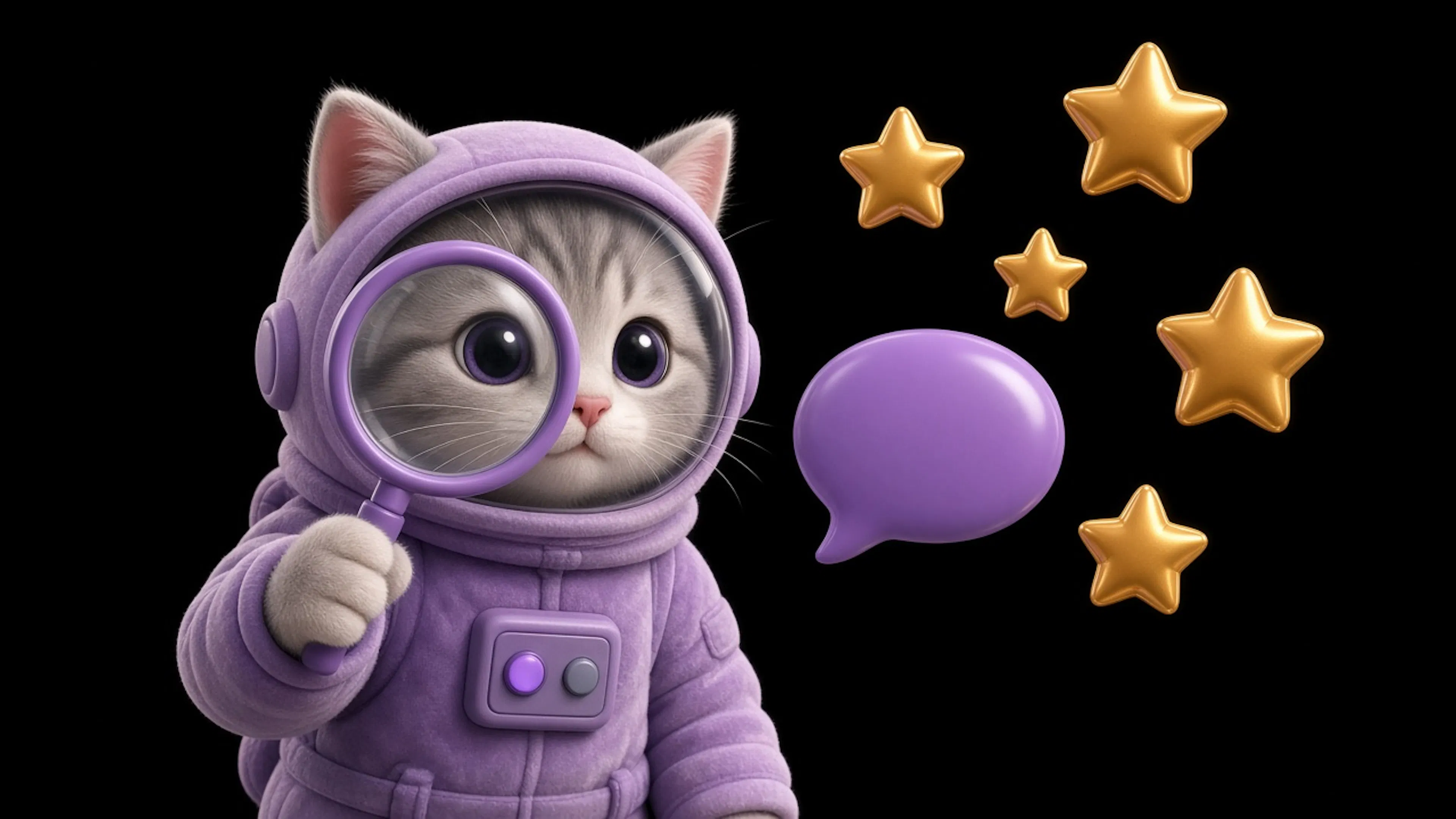 SGD cat astronaut with a magnifying glass, a speech bubble and golden stars