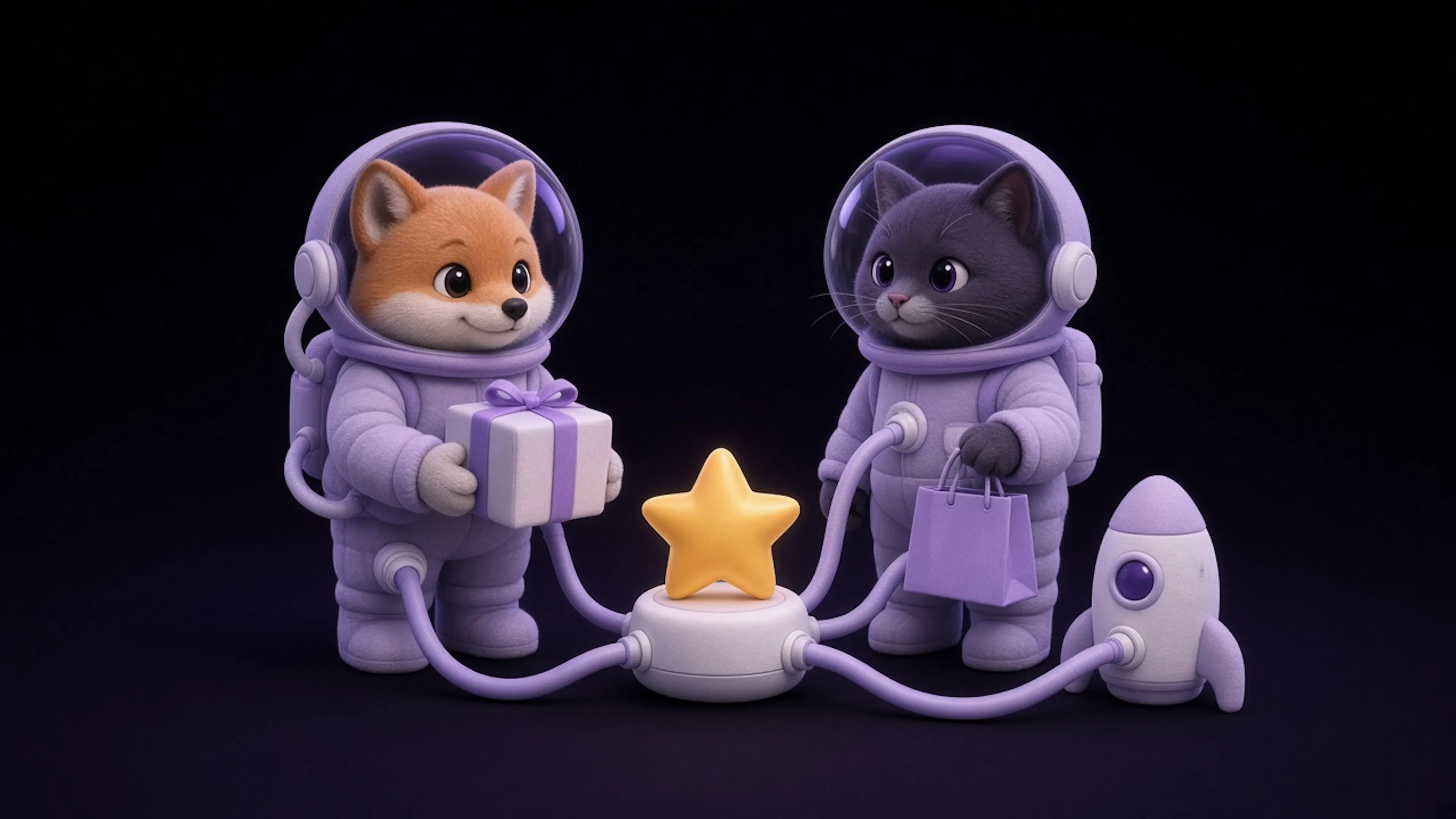 Zorro y gato astronautas que conectan módulos de ERP, pagos, inventario y despacho antes del lanzamiento de una tienda en línea