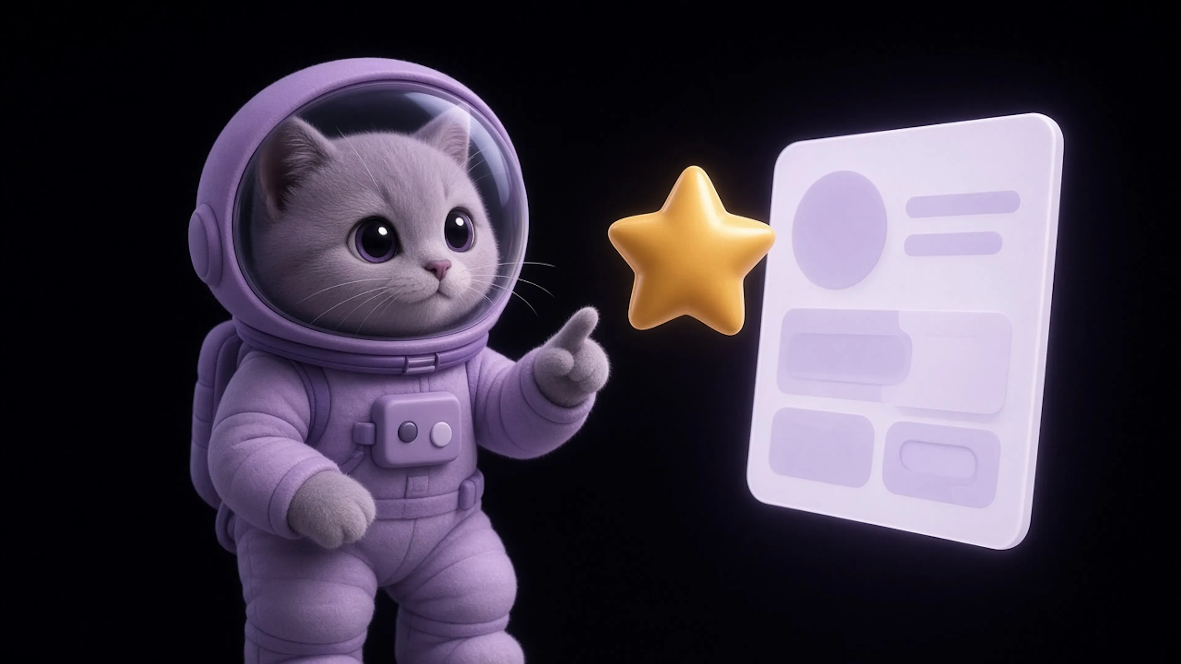 SGD cat astronaut beside an abstract search panel and a gold star