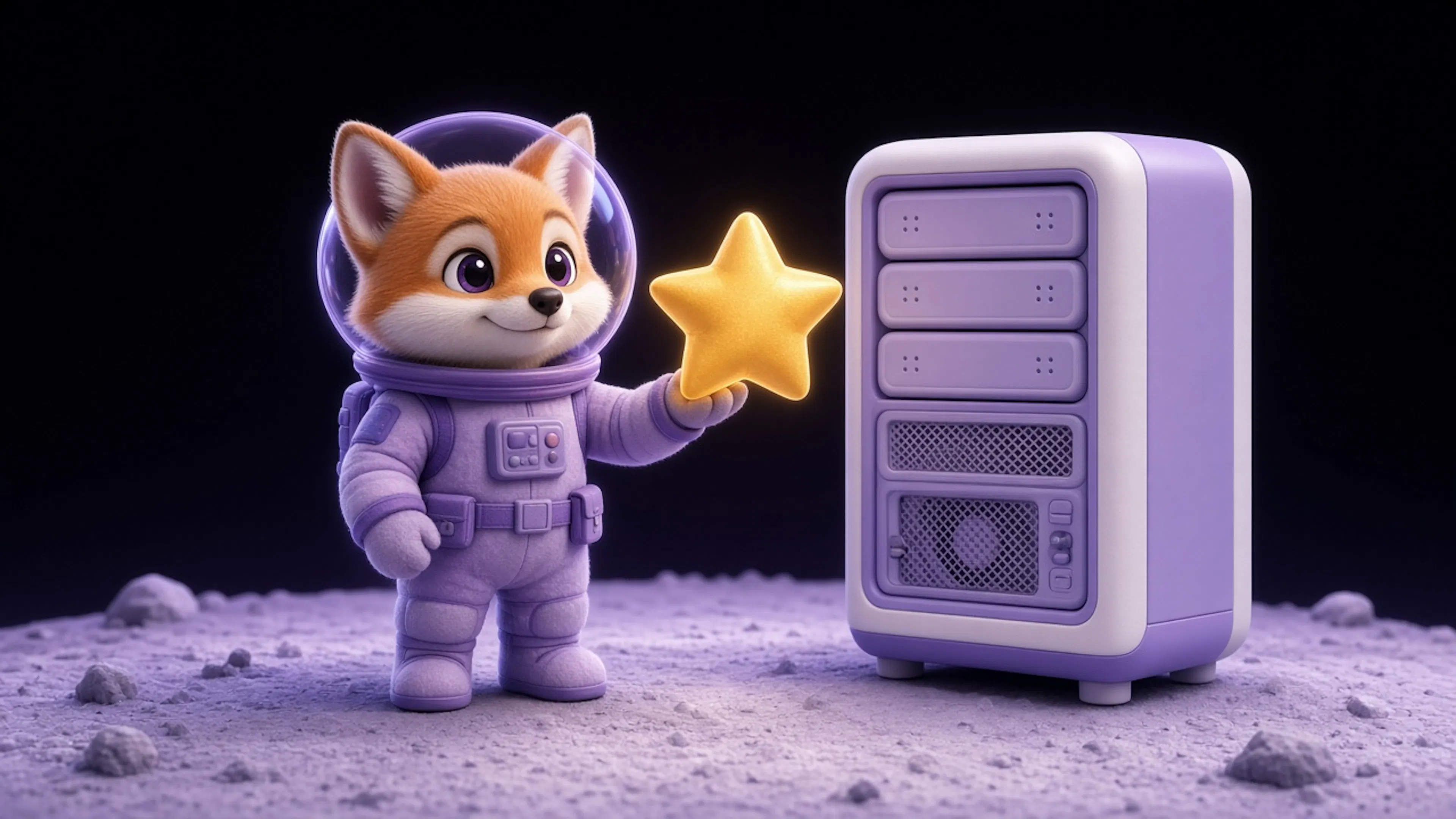SGD fox astronaut with golden star beside a soft-tech rack