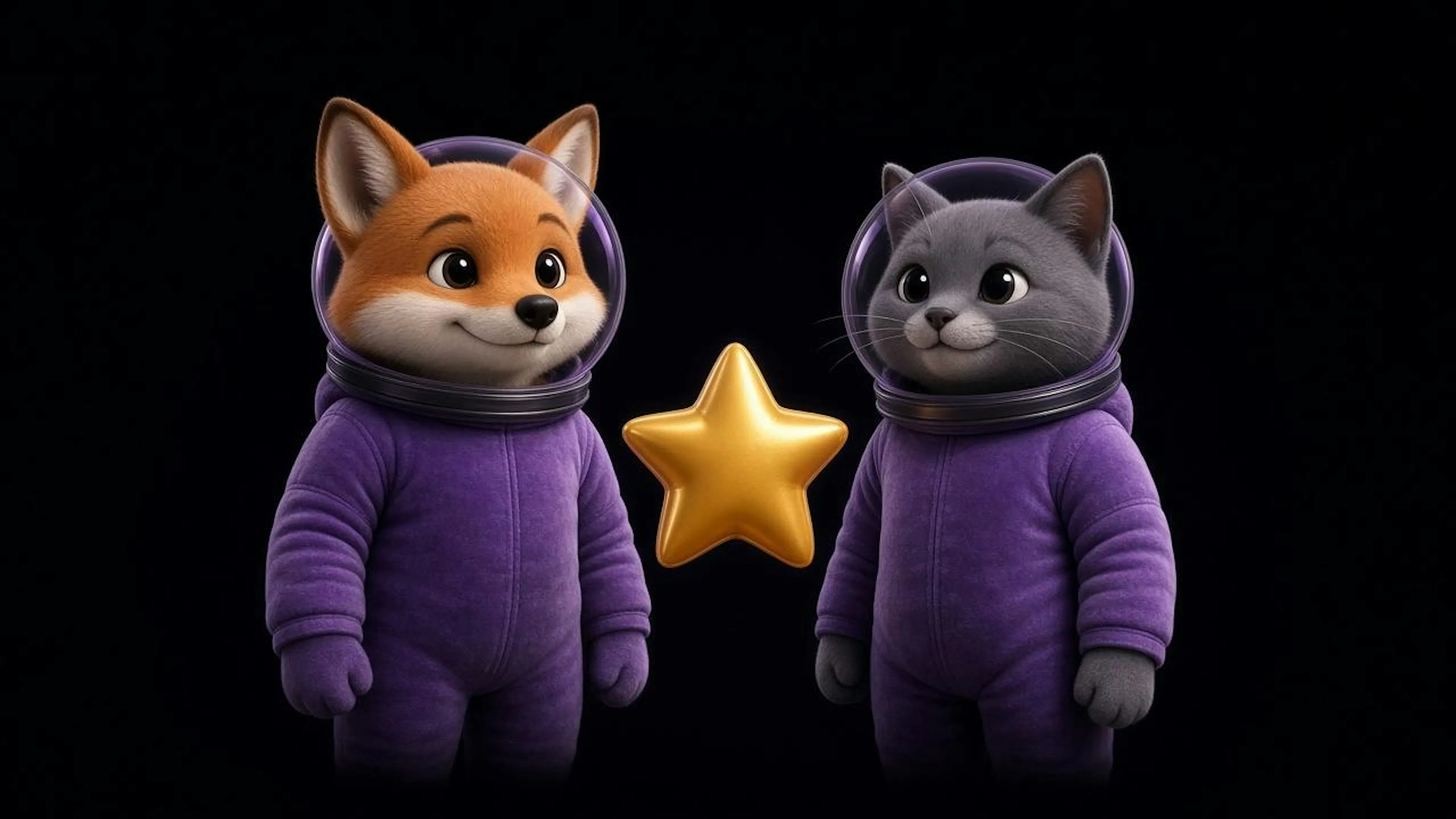 Tripulación Aura SGD: zorro y gato astronautas con estrella ecru