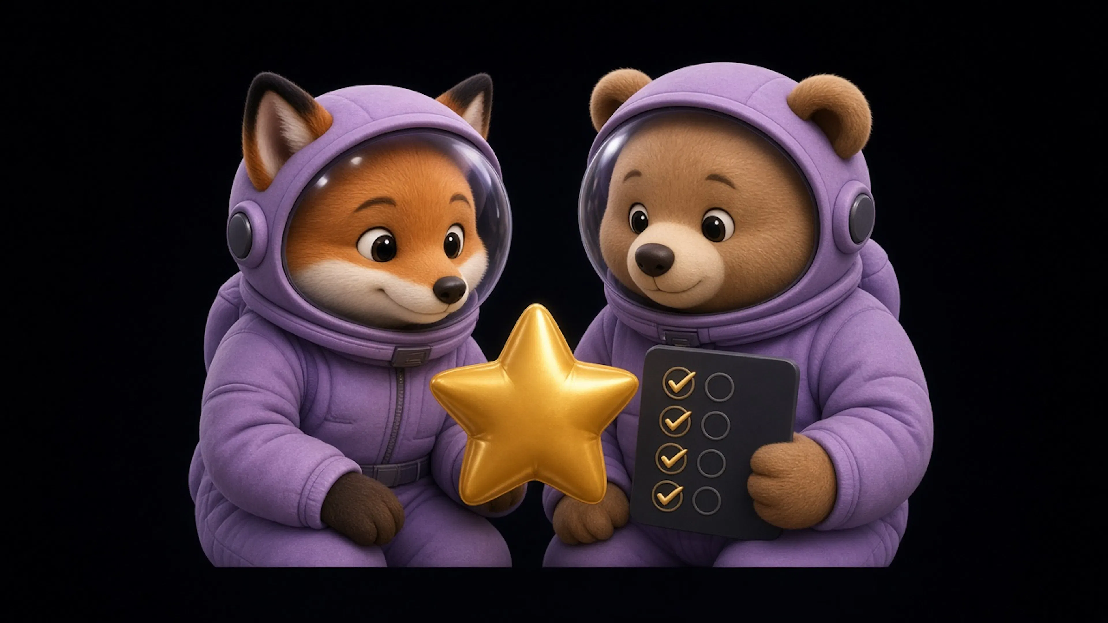 SGD fox and bear astronauts with checklist and golden star