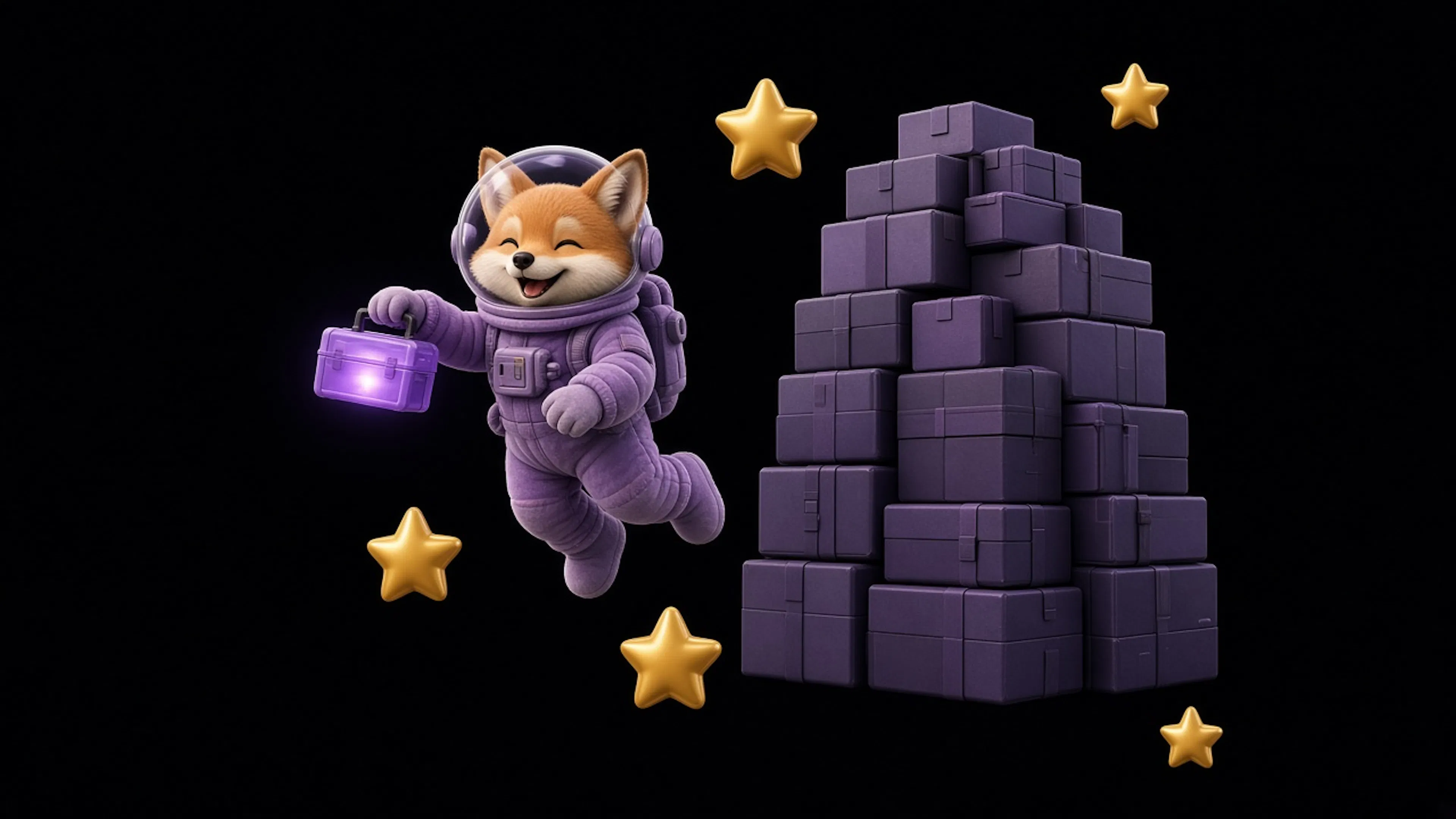 SGD astronaut holding a lightweight toolbox next to a huge stack of heavy boxes
