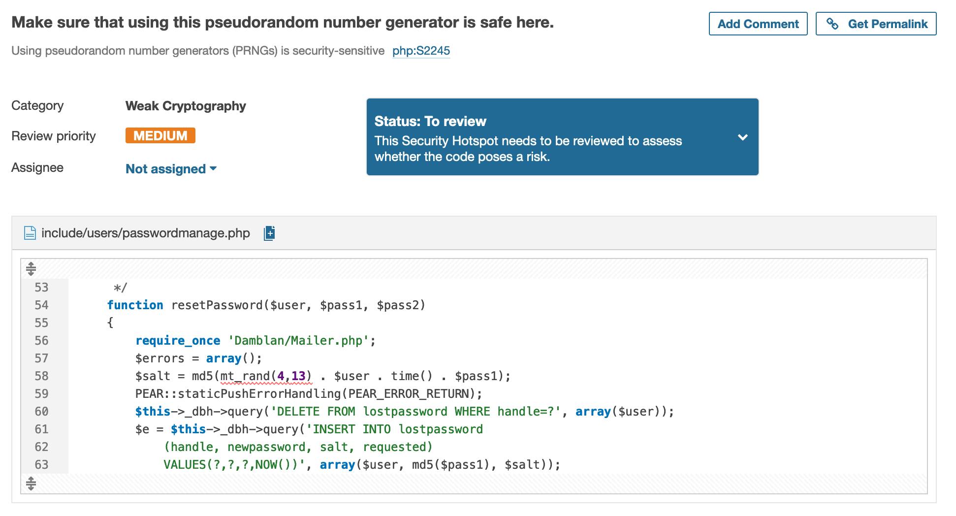 SonarCloud segnala l'uso di un generatore di numeri non sicuro in resetPassword()