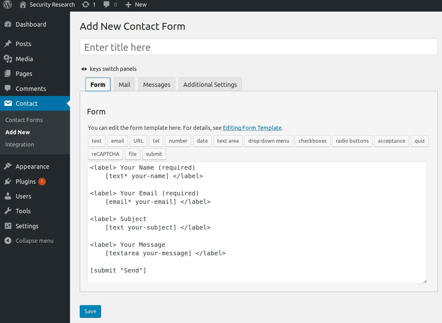 Editor page for Contact Form that can be accessed by administrators.