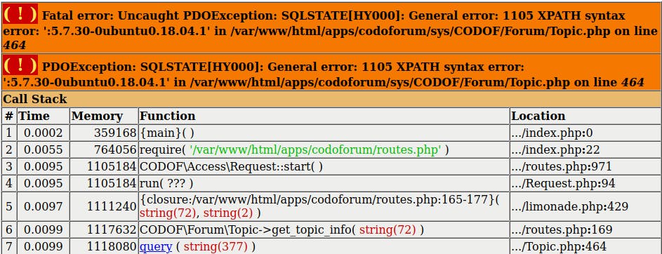 Leaking information through a SQL error message in Codoforum, e.g. the MySQL version banner.