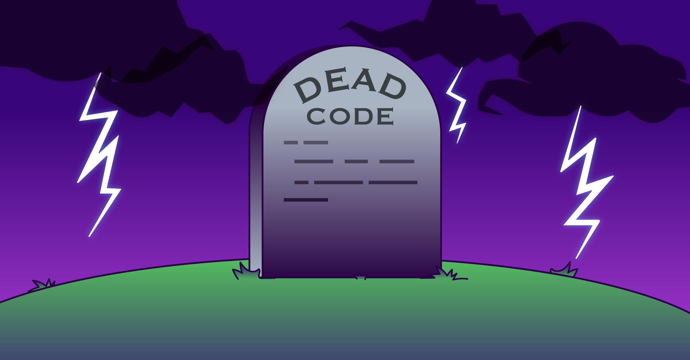 Lesser spotted React mistakes. Image of gravestone with Dead Code carved into it. Stormy night background.