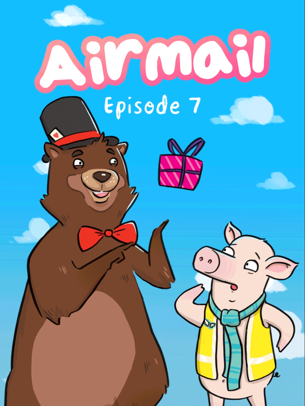 Airmail Episode 7 UnBEARable Animated Cover. A bear in a tip hat catches a present as Solly the pig watches.