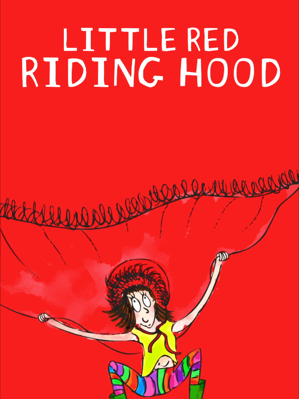 Little red riding hood is jumping up and down holdind her red cloak above her head