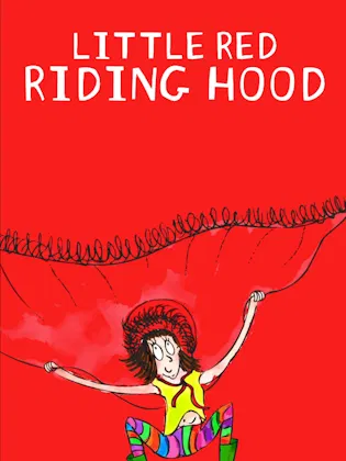 Little red riding hood is jumping up and down holdind her red cloak above her head