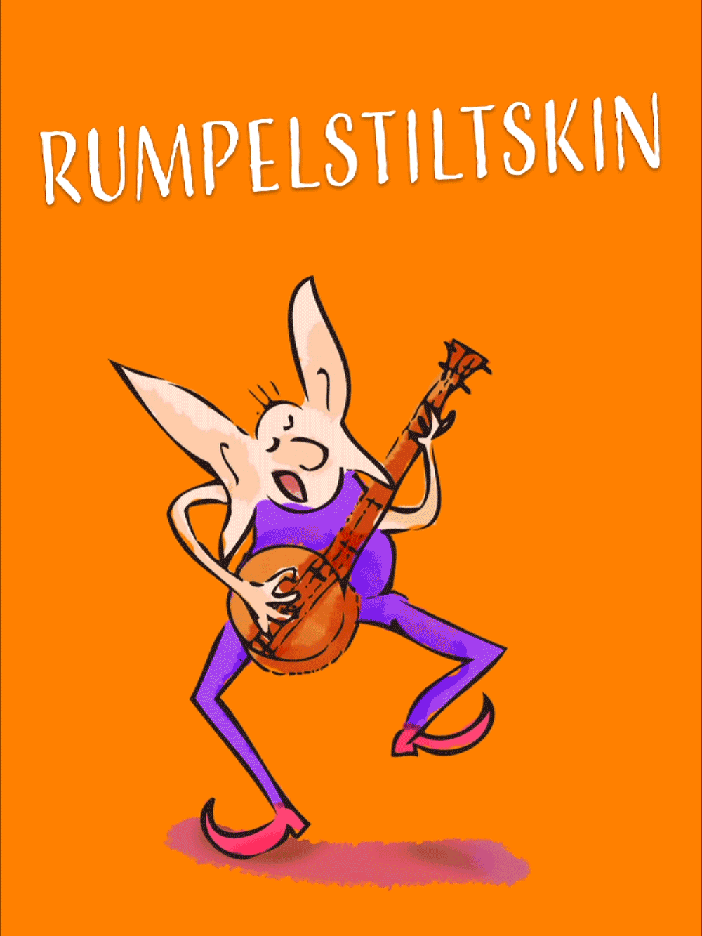 Rumpelstiltskin is dressed from head to toe in purple, dancing from one leg to the other, playing the banjo.