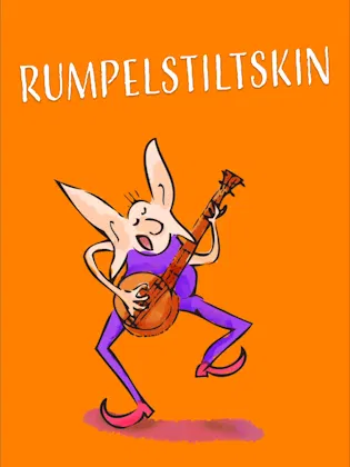 Rumpelstiltskin is dressed from head to toe in purple, dancing from one leg to the other, playing the banjo.
