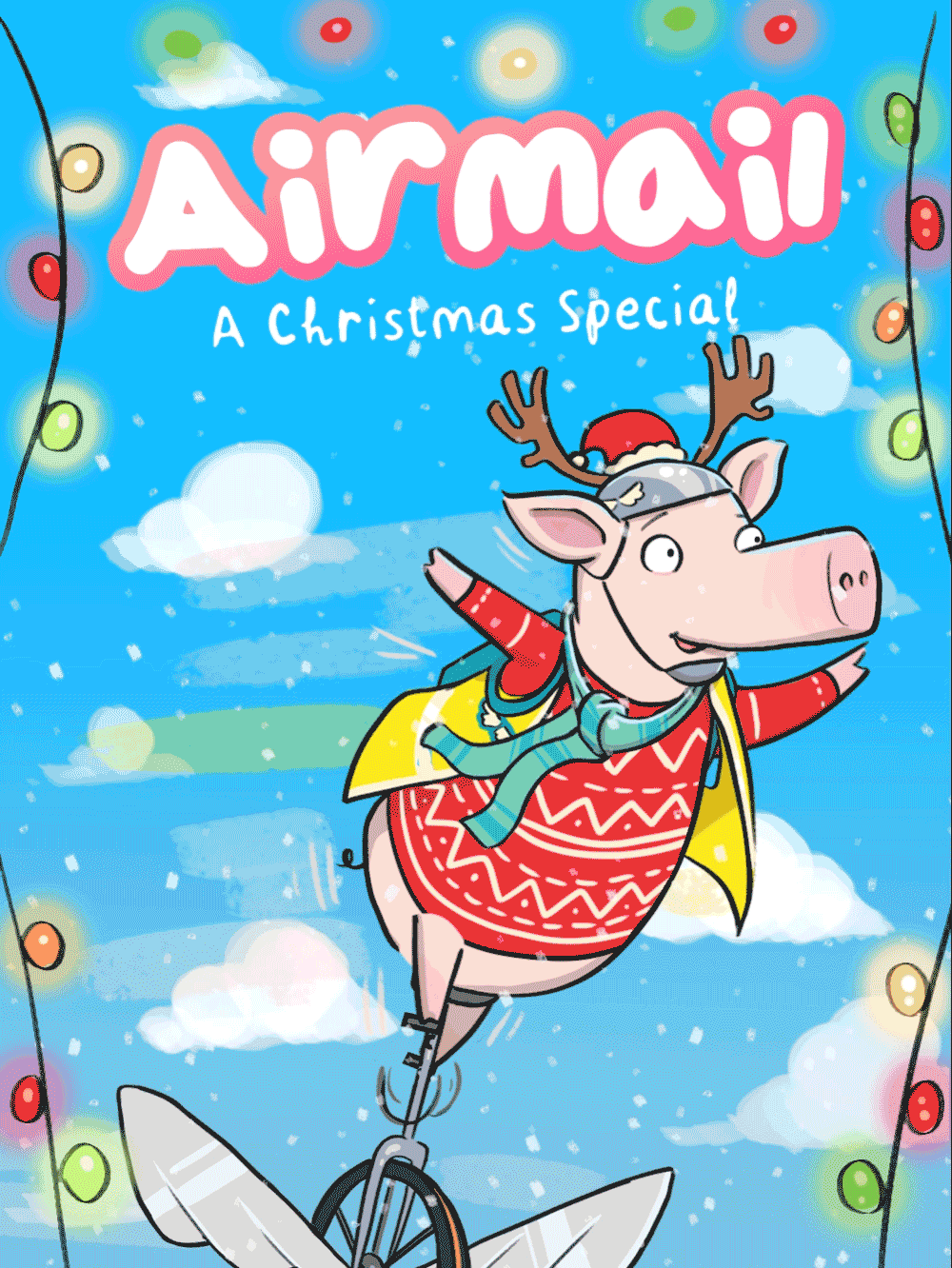 Airmail Christmas Special Solomon Hogg And Father Christmas Cover. Solly the pig is on his flapicycle wearing a red Christmas jumper and reindeer antlers.